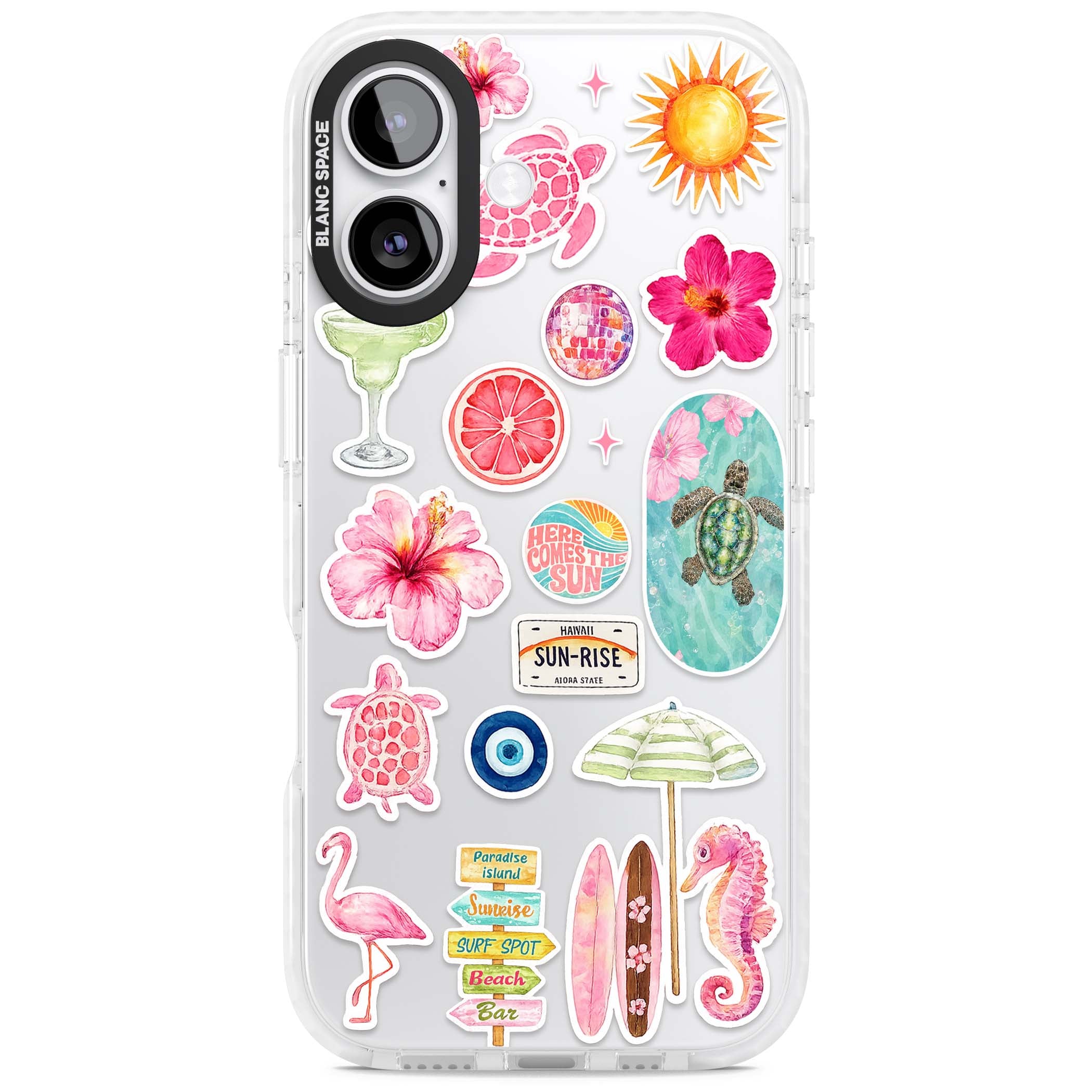 Aloha Sticker Mix tropical summer iPhone case featuring pink hibiscus, sea turtles, flamingo and beach umbrella stickers | Black Impact case for iPhone 17