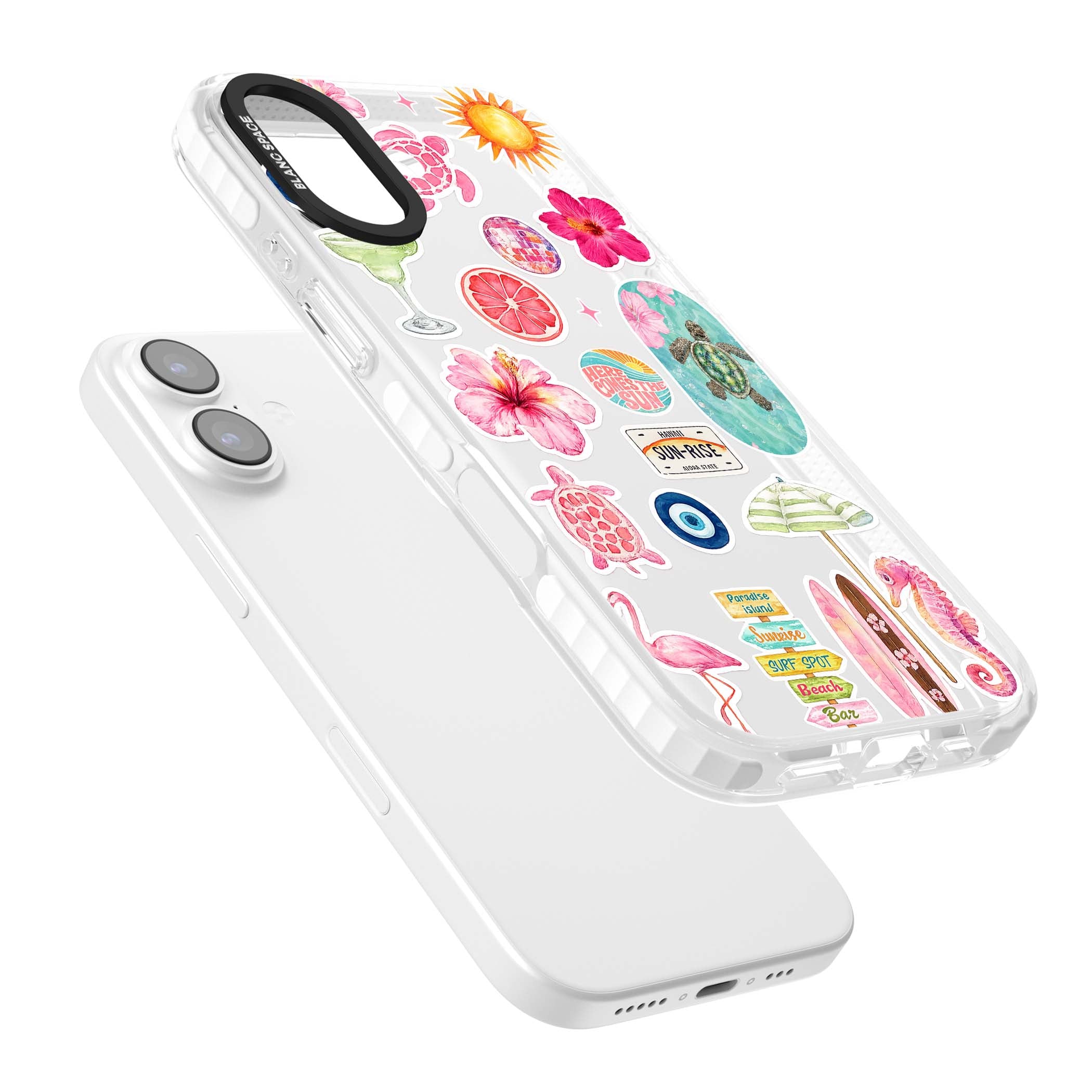 Aloha Sticker Mix tropical summer iPhone case featuring pink hibiscus, sea turtles, flamingo and beach umbrella stickers | Black Impact case for iPhone 17