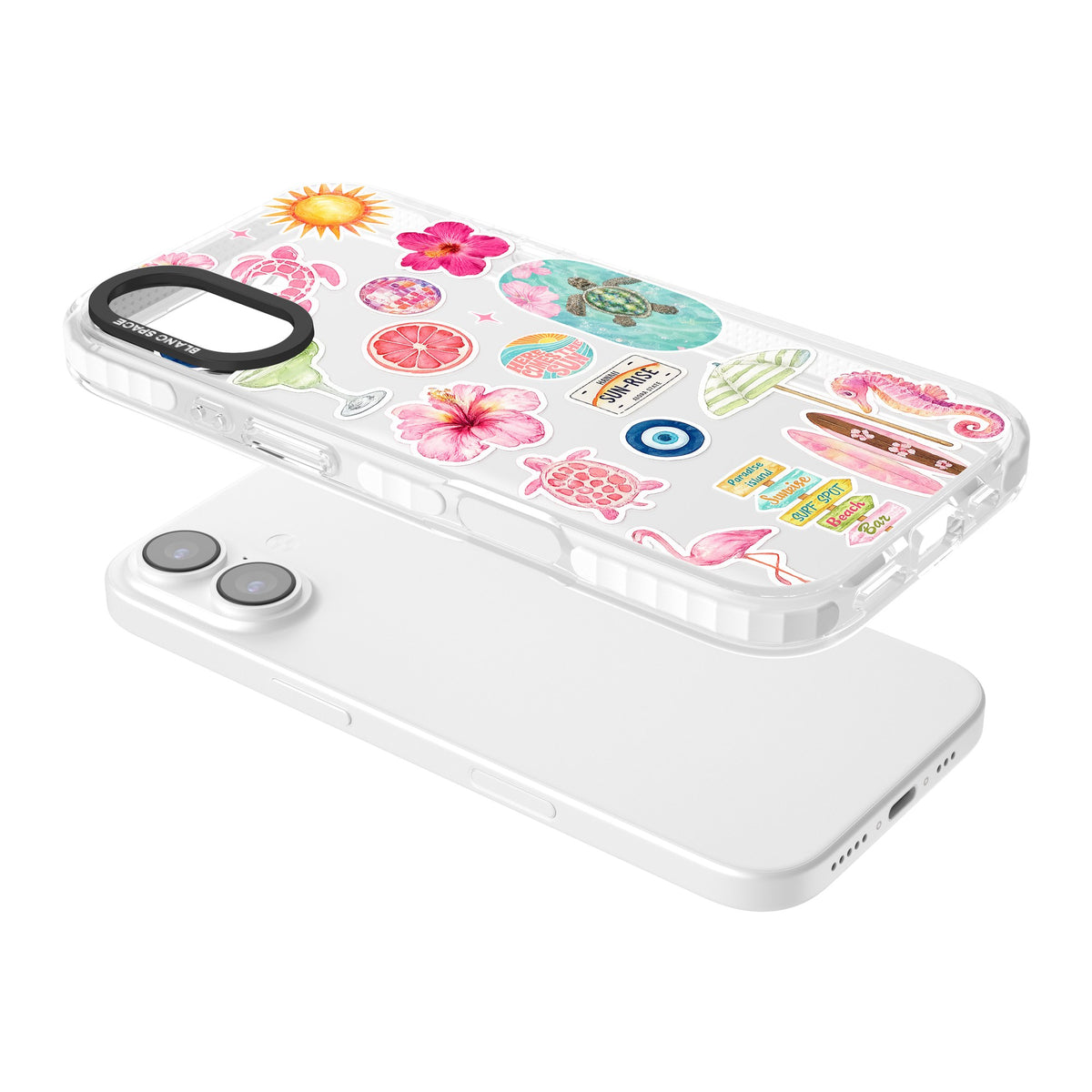 Aloha Sticker Mix iPhone 16 / iPhone 16 Plus / iPhone 17 Impact Clear Phone Case angled
