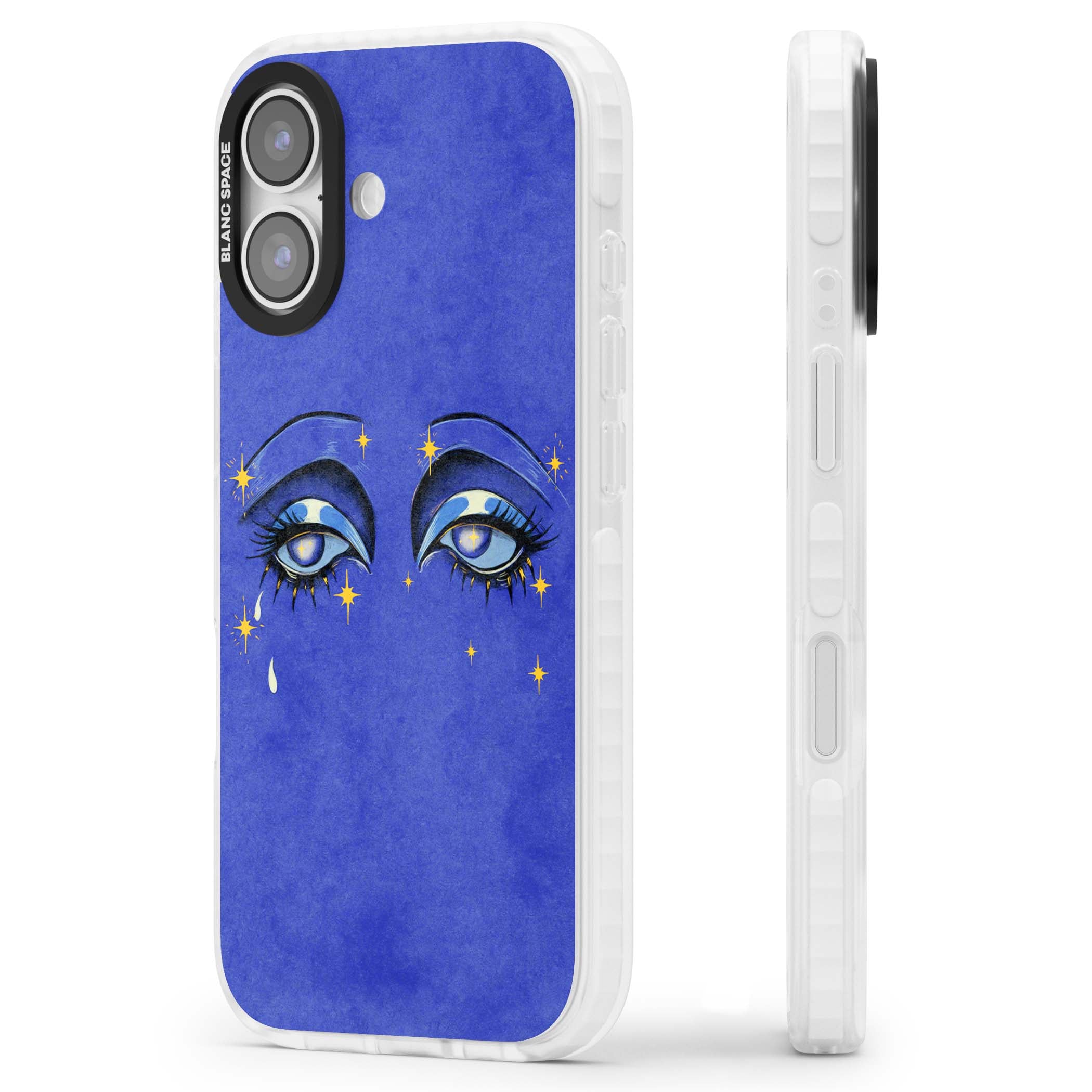 Blue Mystic Eyes celestial iPhone case featuring hand drawn blue mystical eyes, golden stars and a painted tear on indigo | Black Impact case for iPhone 17