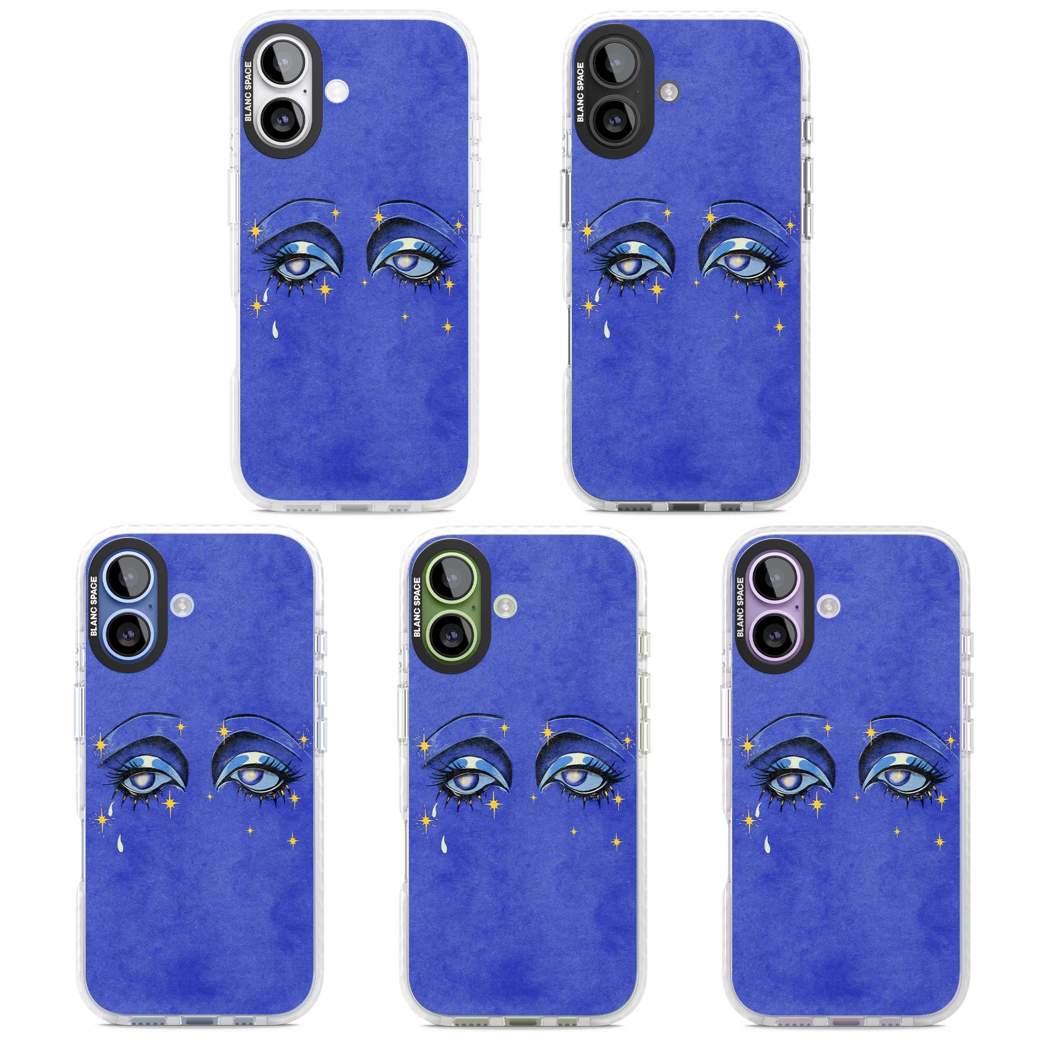 Blue Mystic Eyes celestial iPhone case featuring hand drawn blue mystical eyes, golden stars and a painted tear on indigo | Black Impact case for iPhone 17