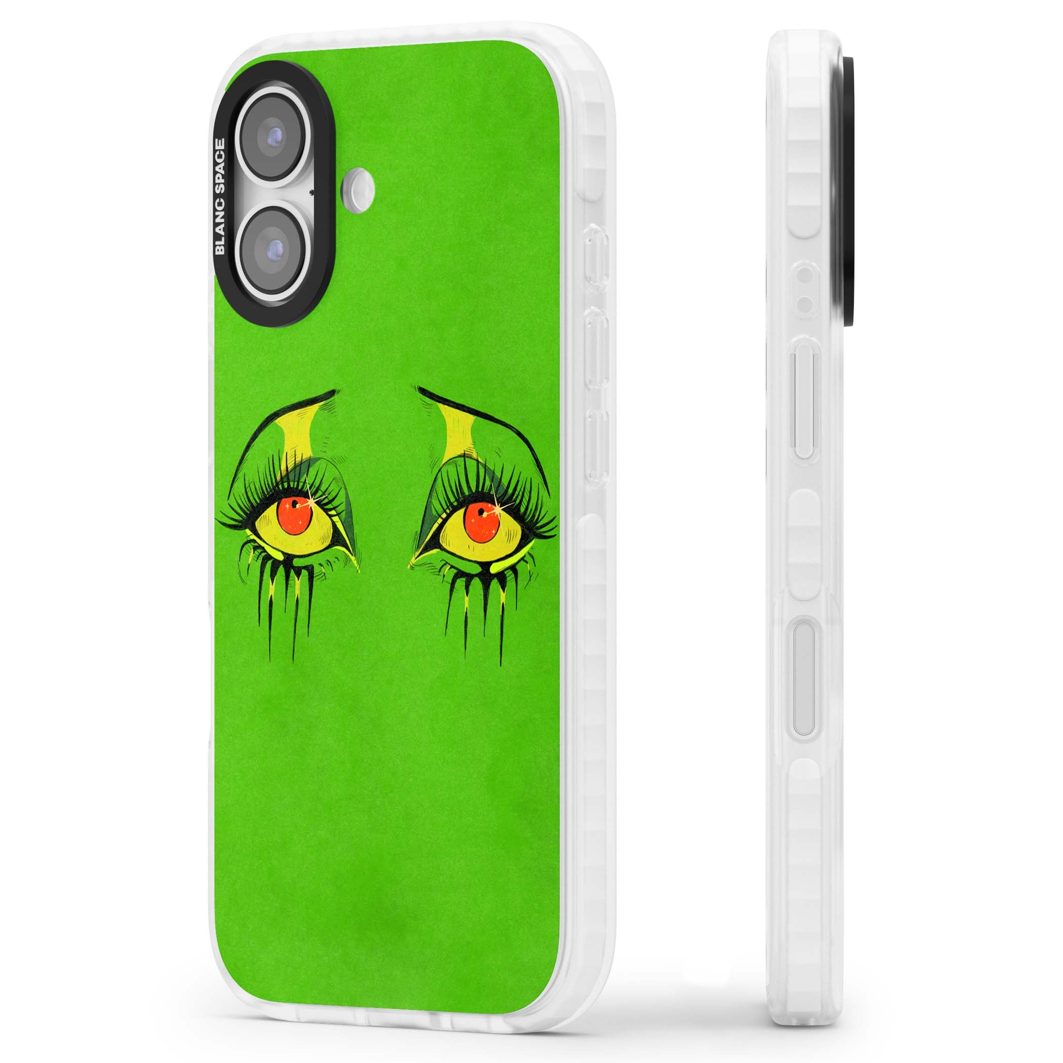 Green Enchanted Eyes psychedelic art iPhone case featuring hand-drawn dripping eyes on neon green background | Black Impact case for iPhone 17