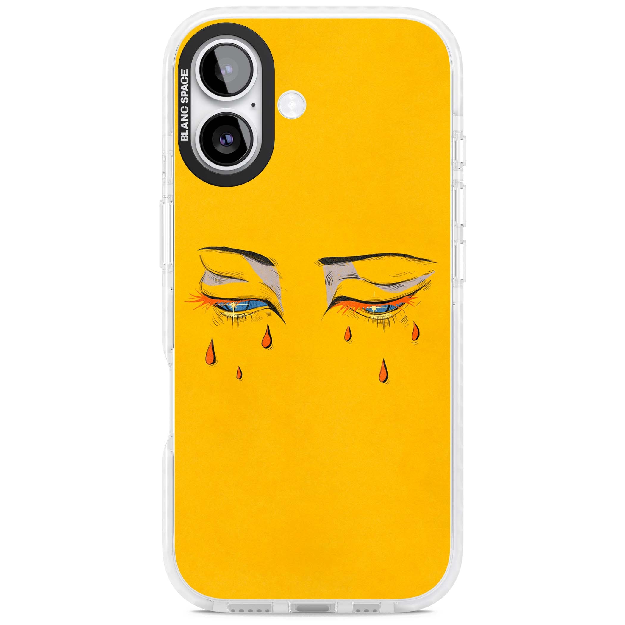 Yellow Tearful Eyes indie iPhone case featuring hand-drawn crying eyes with orange tears on a yellow background | Black Impact case for iPhone 17