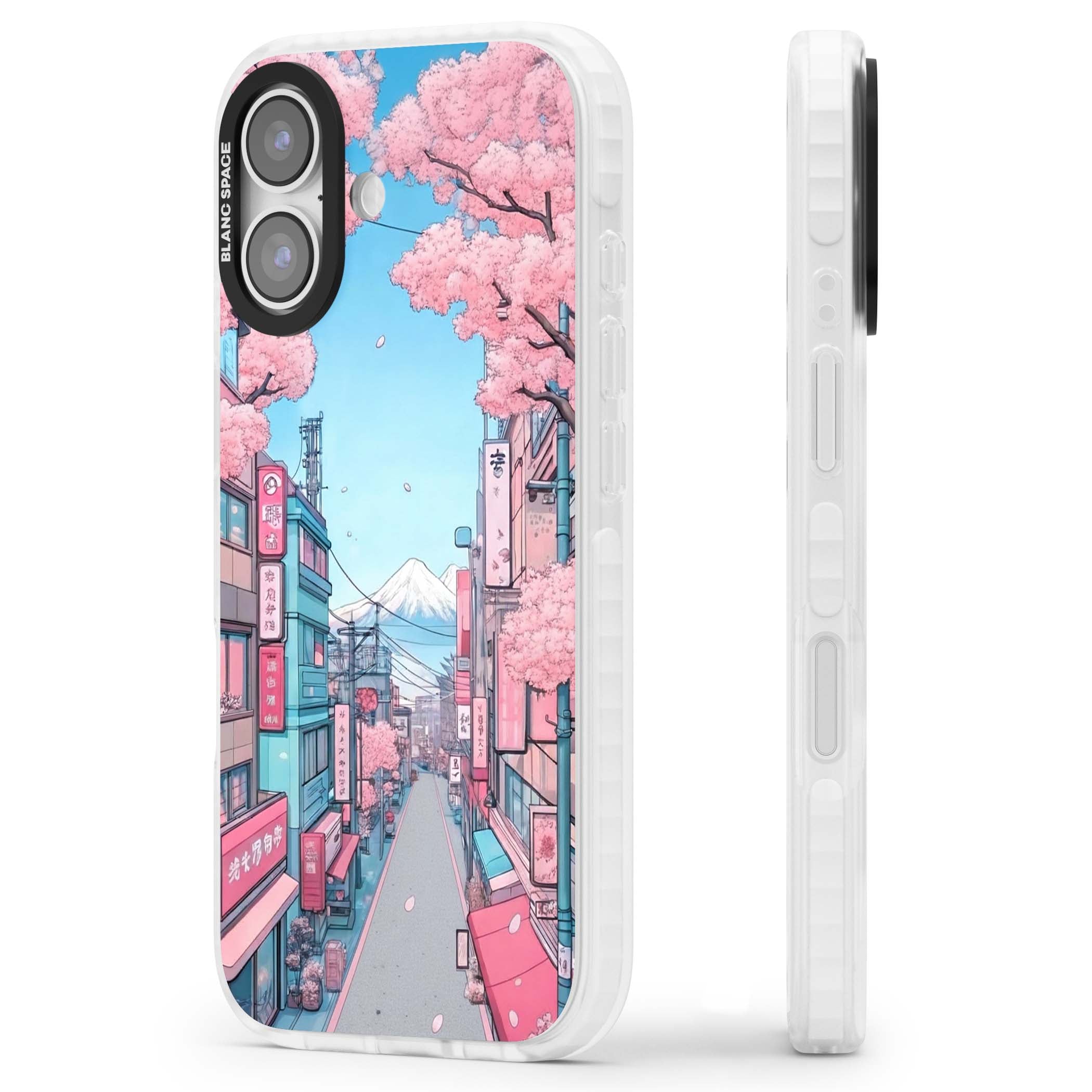 Sakura Lane anime iPhone case featuring Tokyo street scene with cherry blossoms and Mount Fuji | Black Impact case for iPhone 17