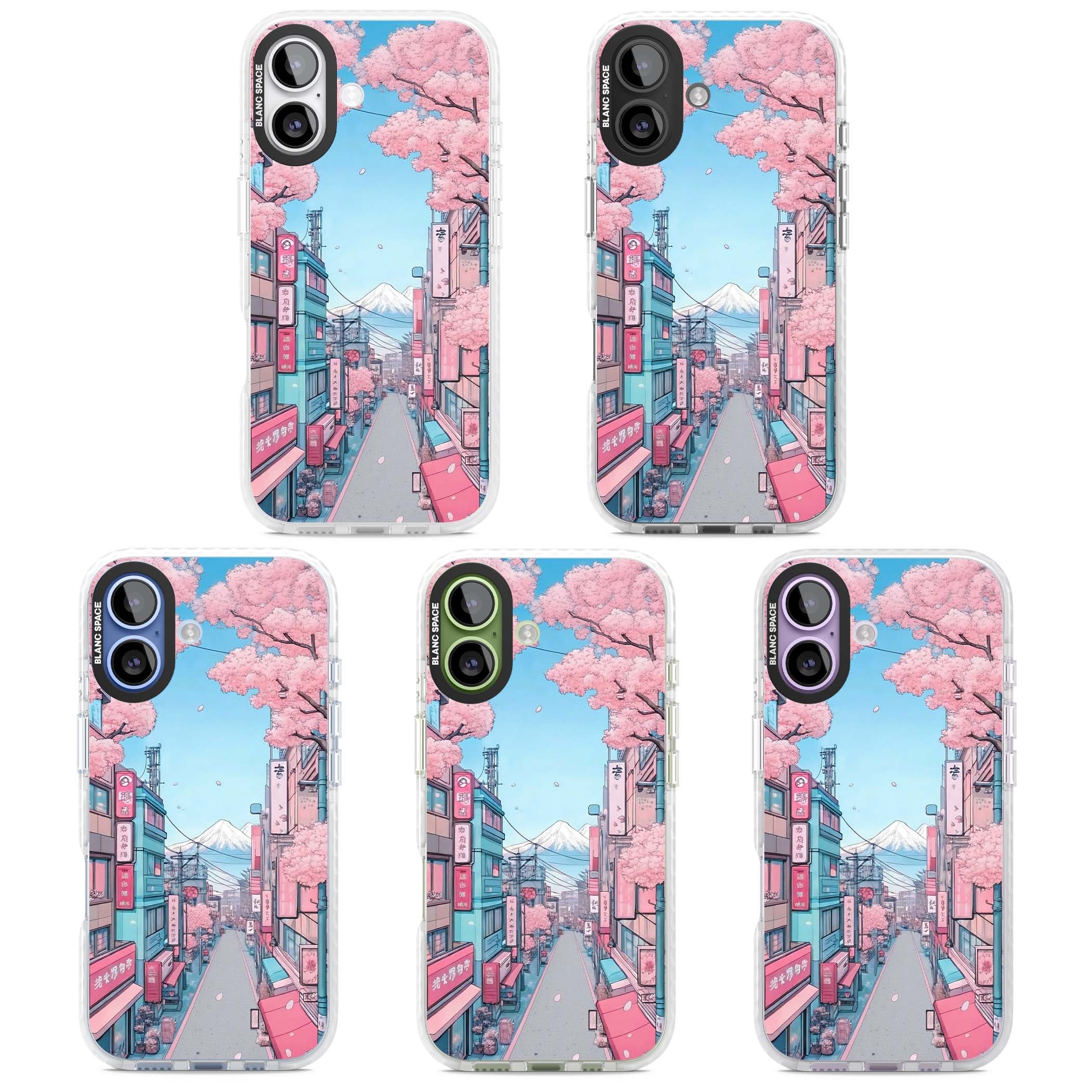 Sakura Lane anime iPhone case featuring Tokyo street scene with cherry blossoms and Mount Fuji | Black Impact case for iPhone 17