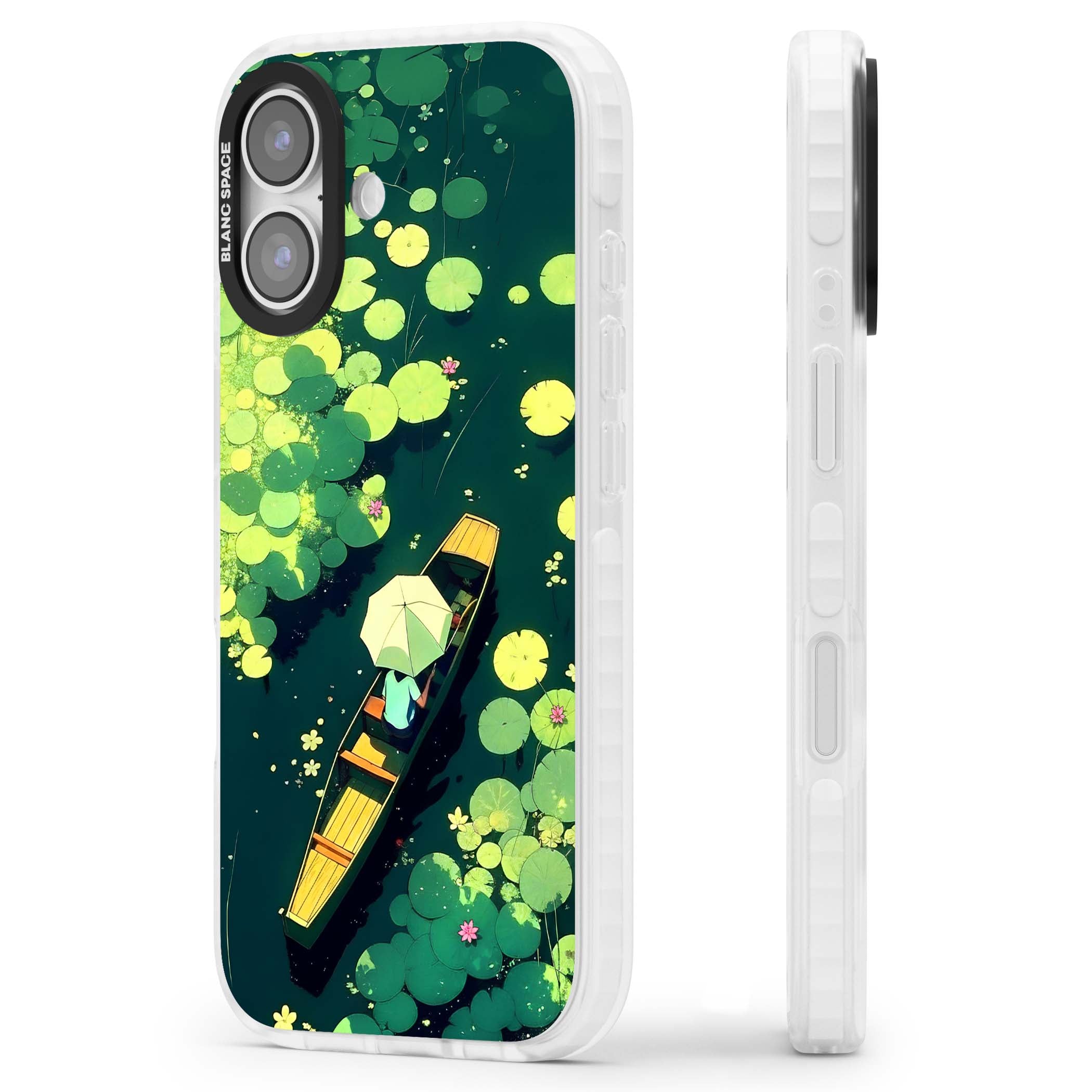Jade Waters cottagecore iPhone case featuring a painted lily pond, wooden boat with parasol and floating water lilies | Black Impact case for iPhone 17