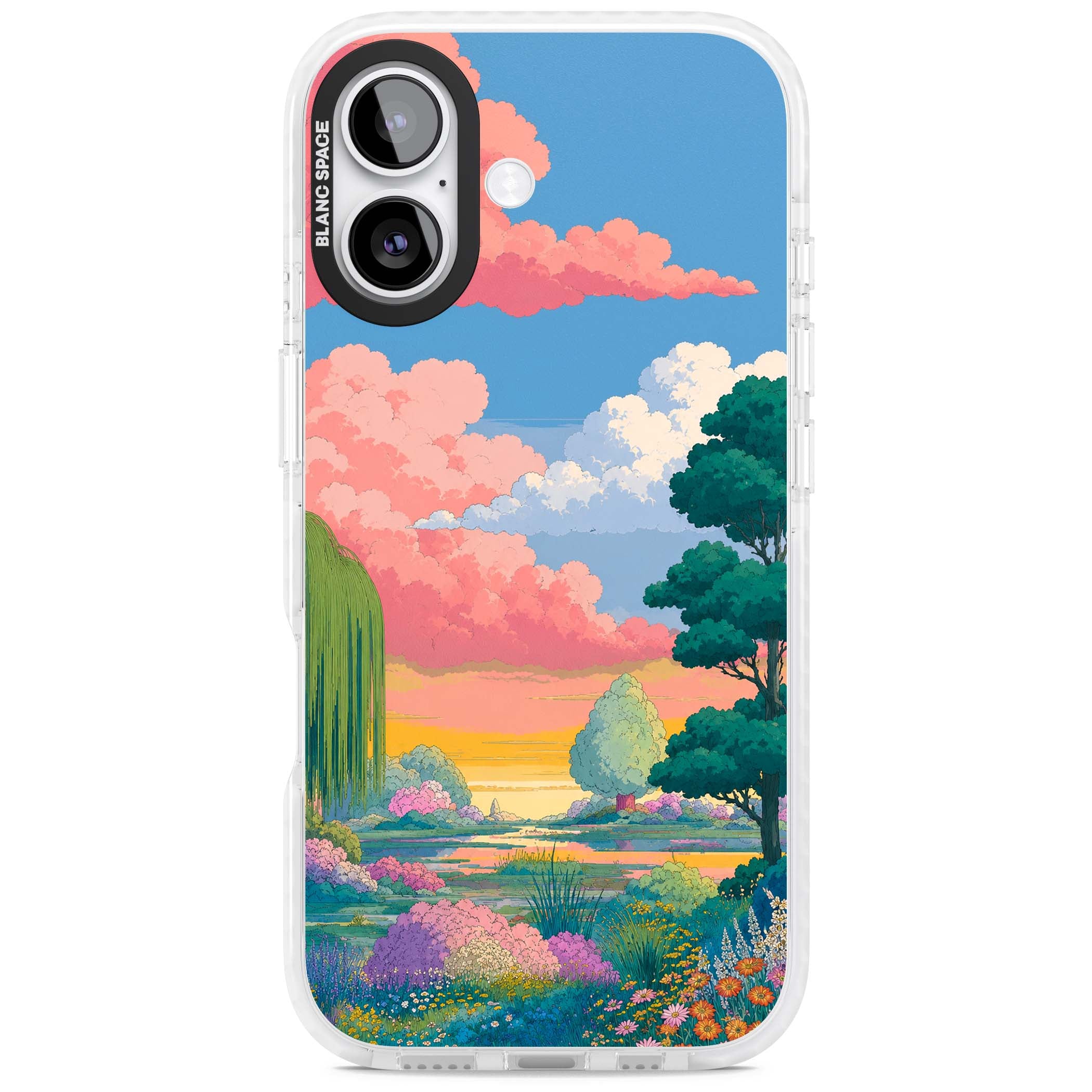 Dream Valley anime landscape iPhone case featuring pink sunset clouds, willow trees and wildflowers | Black Impact case for iPhone 17