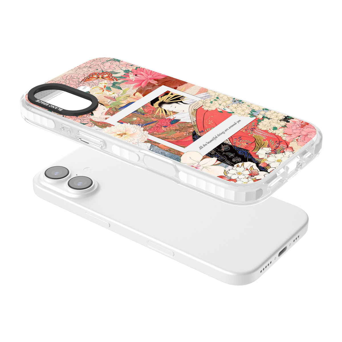 Woodblock Geisha iPhone 16 / iPhone 16 Plus / iPhone 17 Impact Clear Phone Case angled