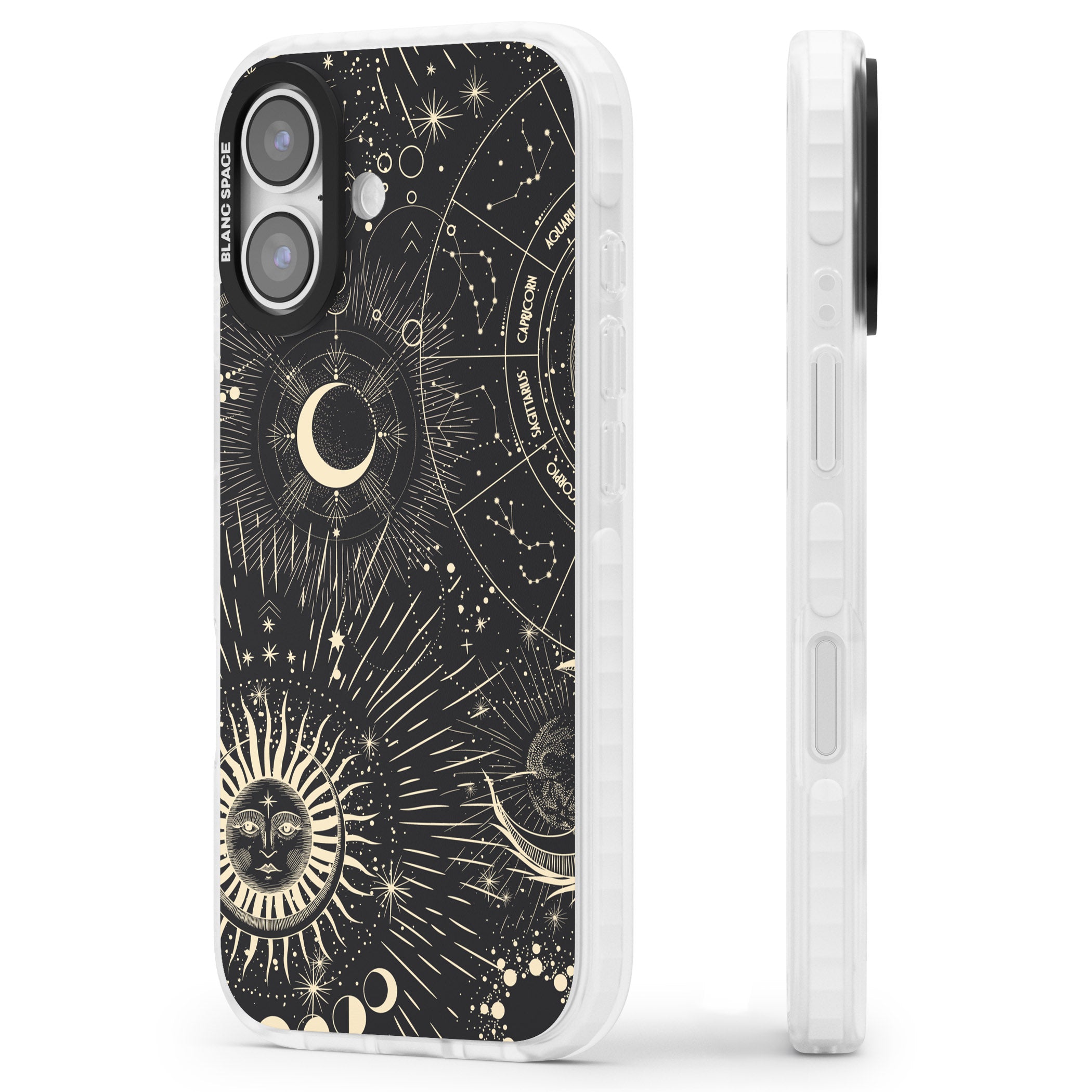 Cosmic Sun & Symbols Zodiac iPhone 17 Impact Clear Phone Case Side Profile