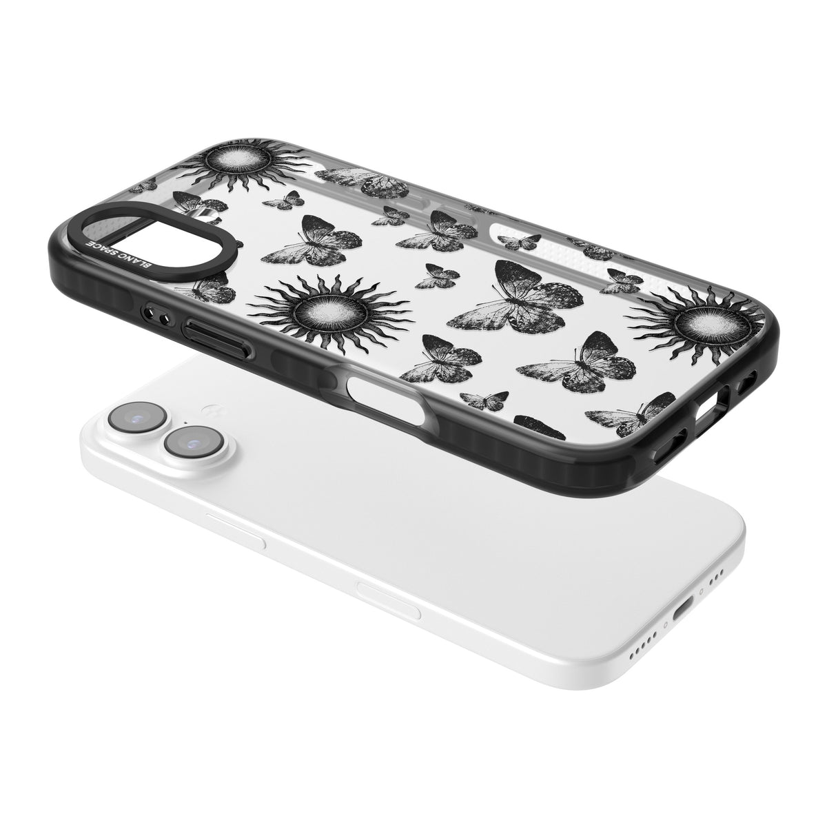 Butterflies Suns iPhone 16 / iPhone 16 Plus / iPhone 17 Impact Black Phone Case angled