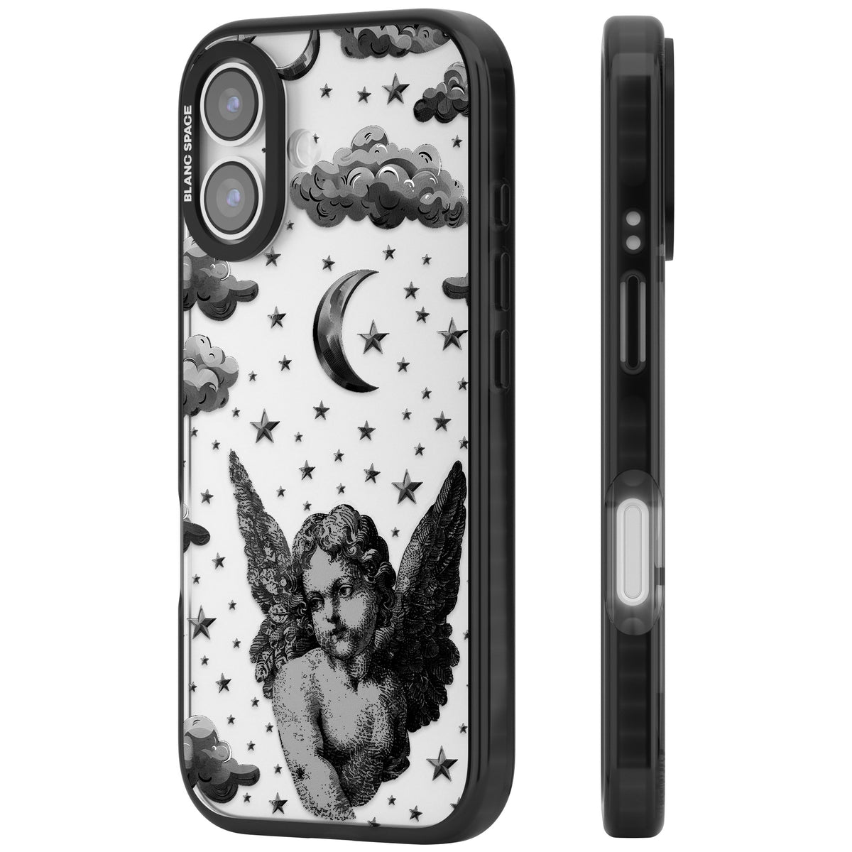 Celestial Cherub iPhone 16 / iPhone 16 Plus / iPhone 17 Impact Black Phone Case side