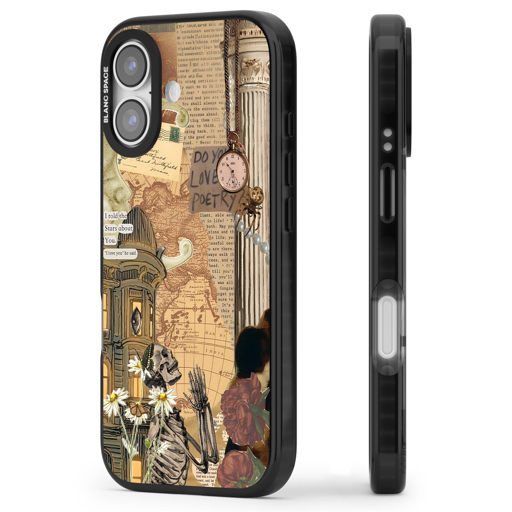 Skeleton Poetry iPhone 17 Impact Black Phone Case Side Profile