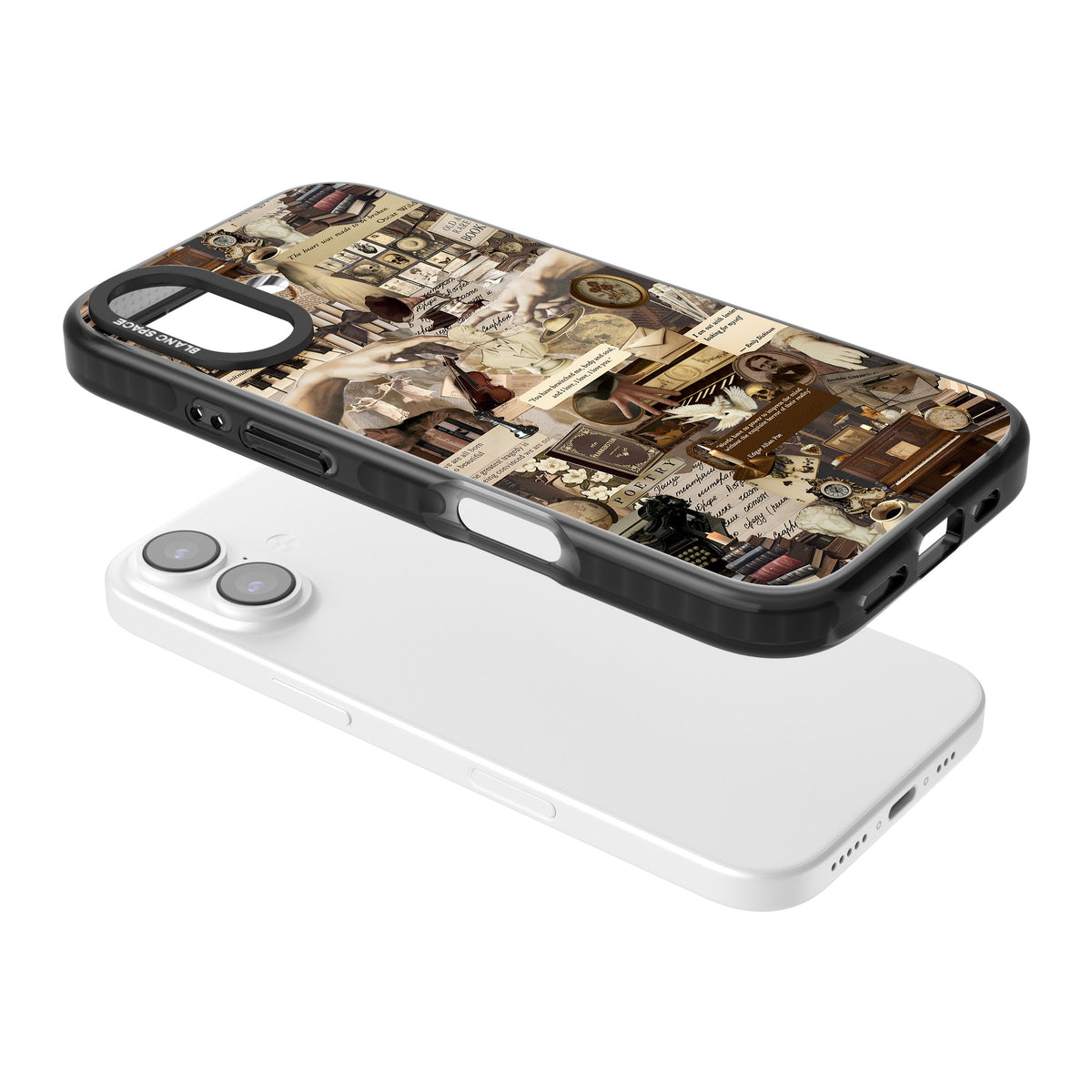 Antique Collage iPhone 16 / iPhone 16 Plus / iPhone 17 Impact Black Phone Case angled