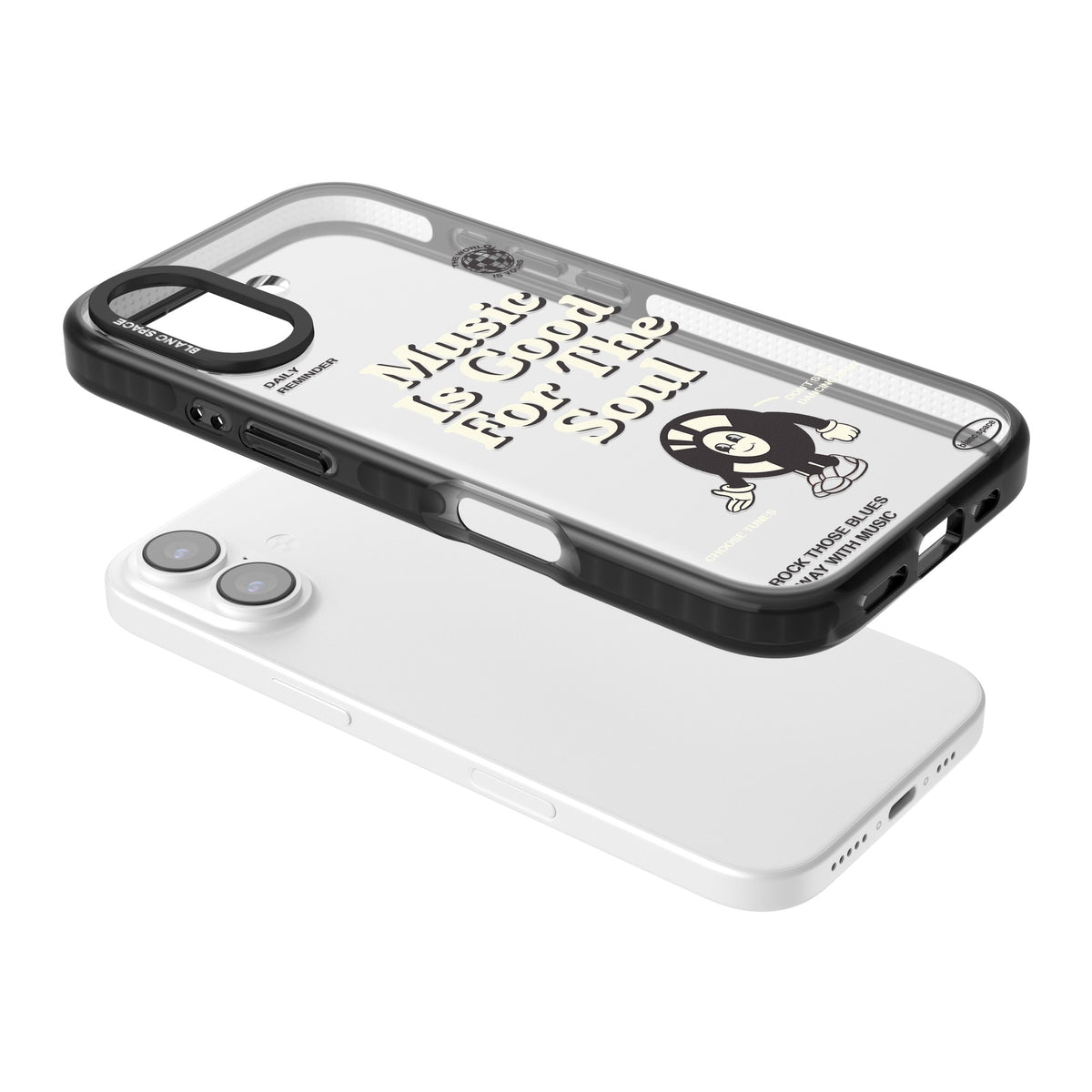 Music Is Good For The Soul iPhone 16 / iPhone 16 Plus / iPhone 17 Impact Black Phone Case angled