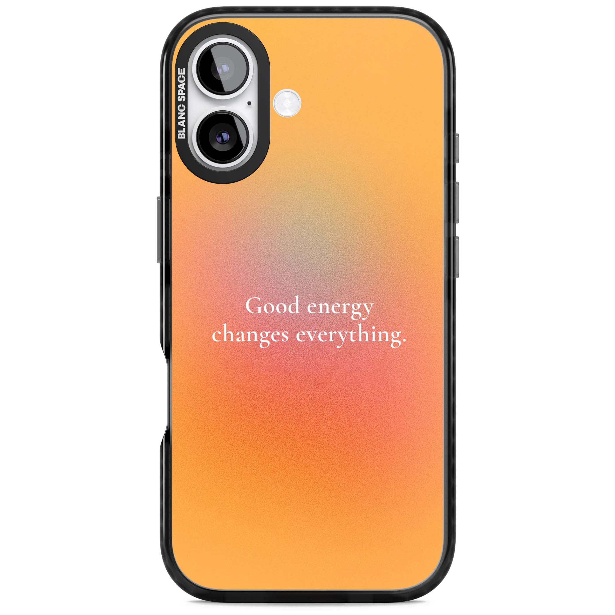 Good Energy quote iPhone case featuring an orange and pink aura gradient with white serif affirmation text | Clear Impact case for iPhone 17