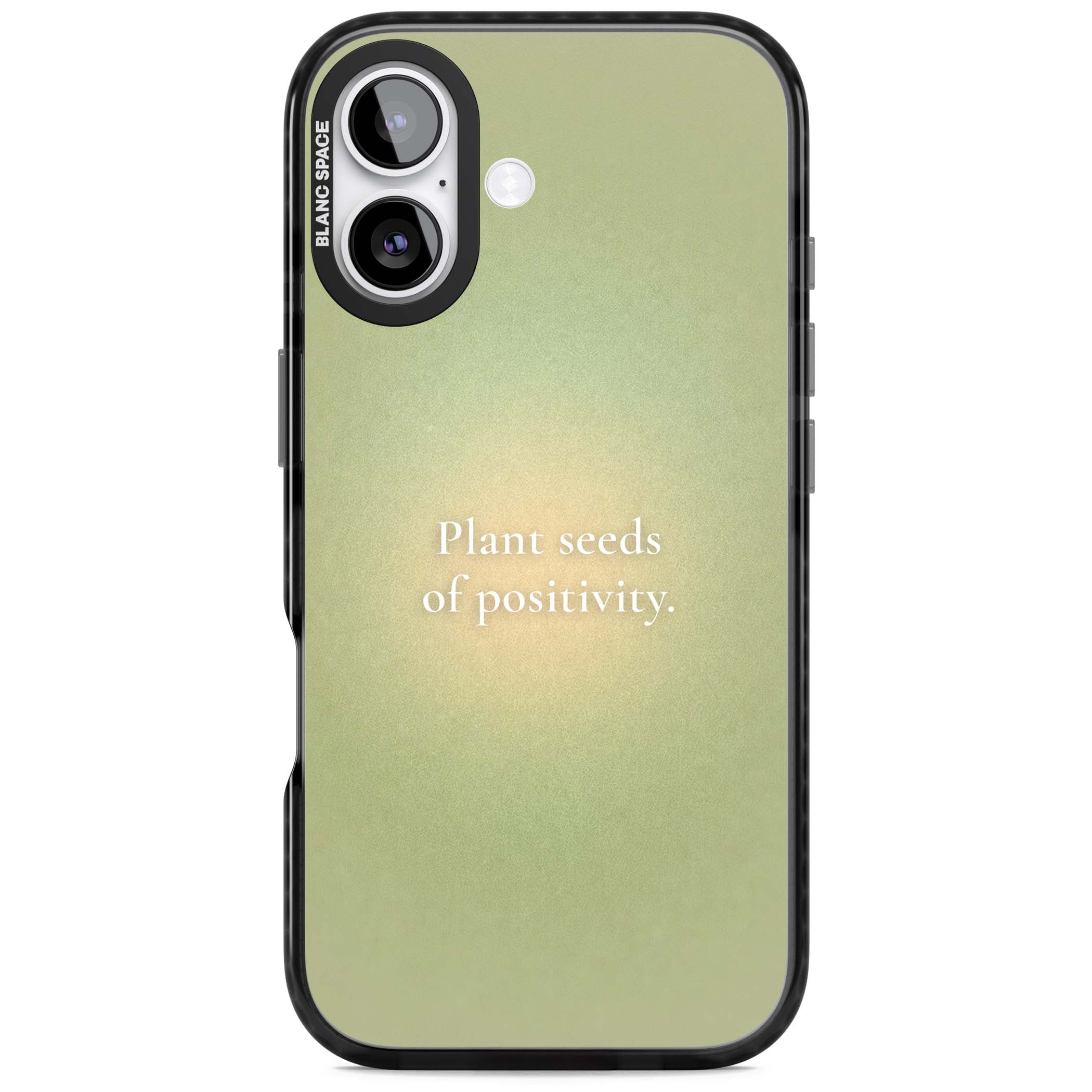 Seeds of Positivity quote iPhone case featuring a sage green aura gradient and golden glow affirmation | Clear Impact case for iPhone 17