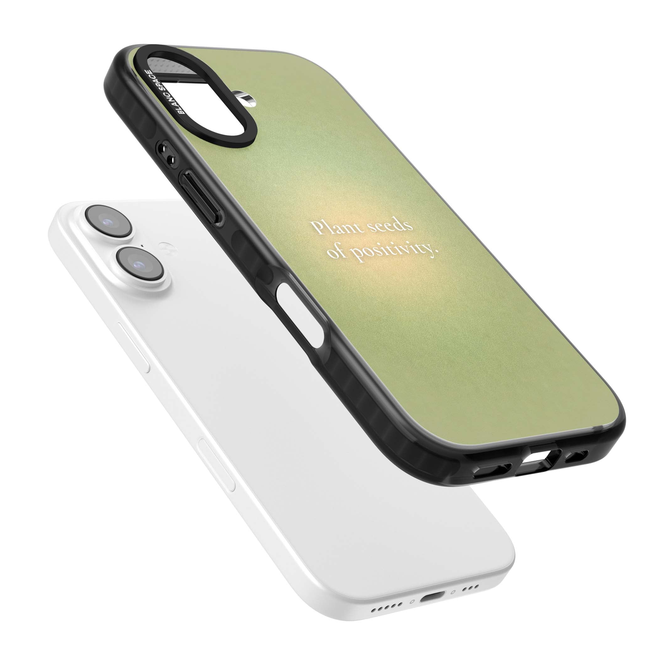 Seeds of Positivity quote iPhone case featuring a sage green aura gradient and golden glow affirmation | Clear Impact case for iPhone 17