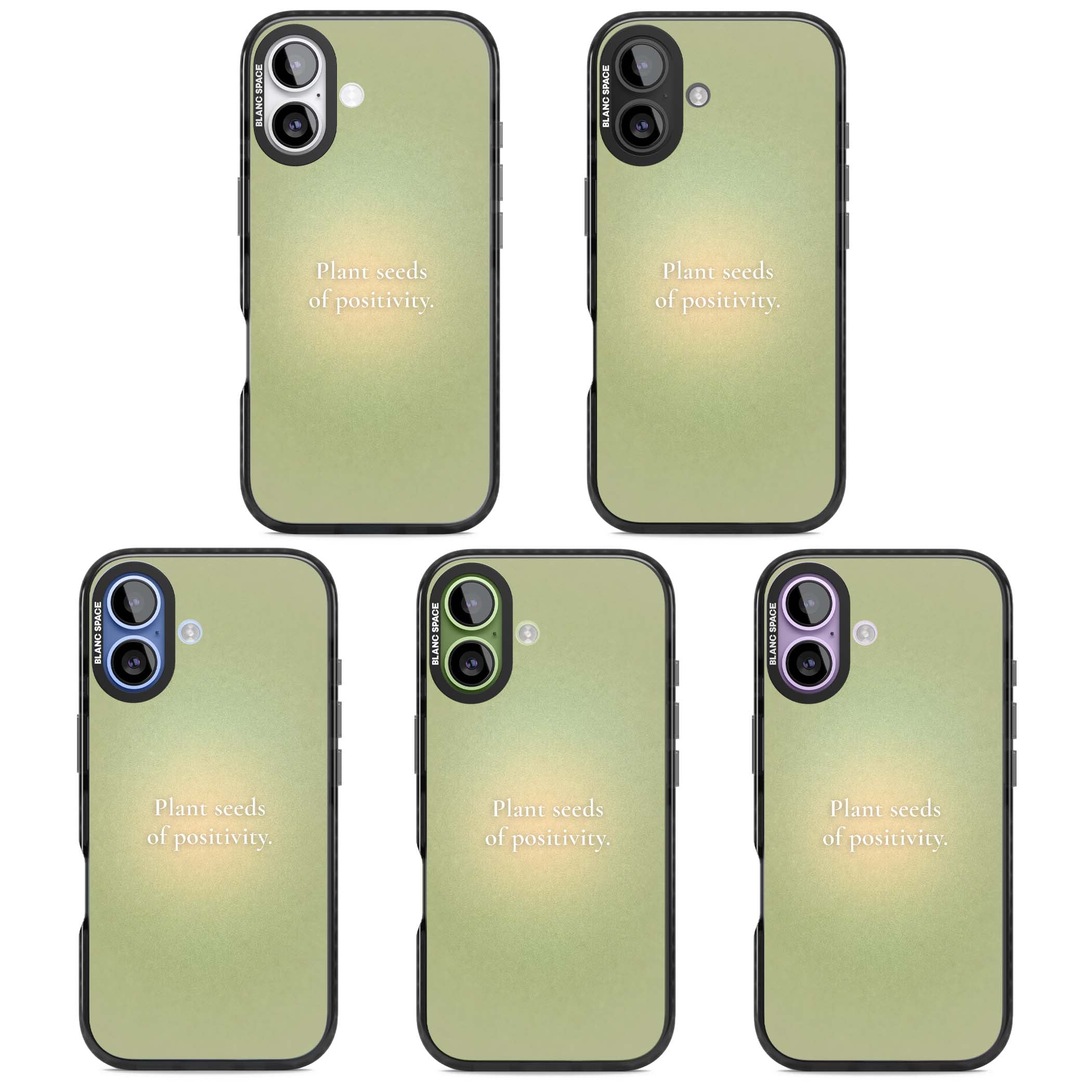 Seeds of Positivity quote iPhone case featuring a sage green aura gradient and golden glow affirmation | Clear Impact case for iPhone 17