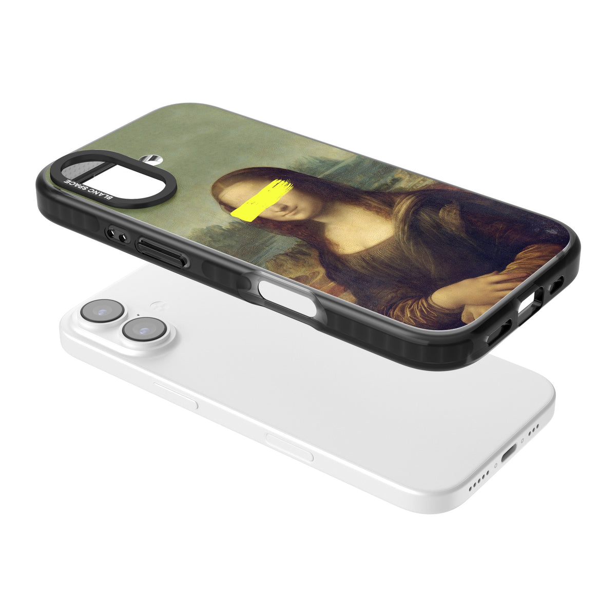 Vandaled Mona Lisa iPhone 16 / iPhone 16 Plus / iPhone 17 Impact Black Phone Case angled