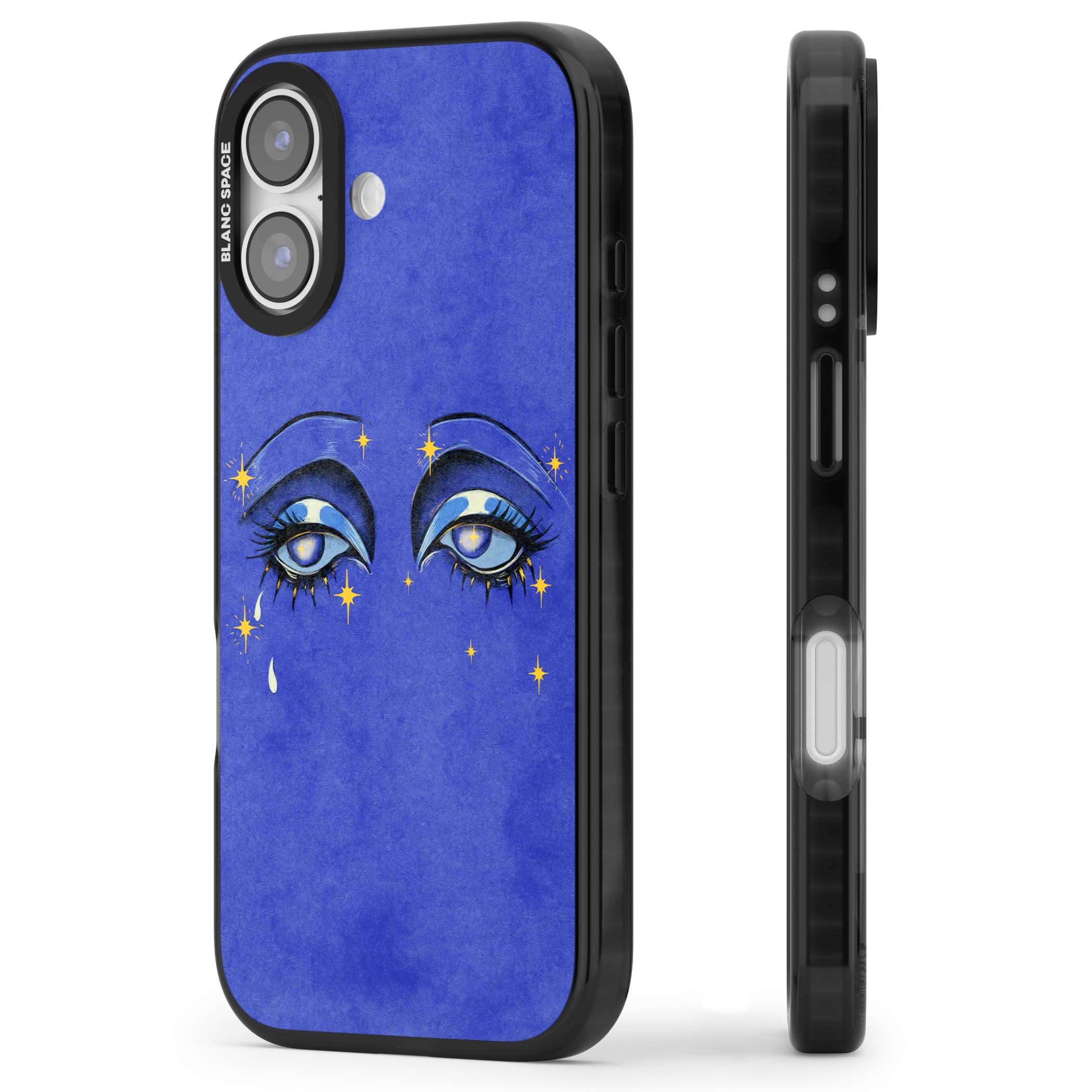 Blue Mystic Eyes celestial iPhone case featuring hand drawn blue mystical eyes, golden stars and a painted tear on indigo | Clear Impact case for iPhone 17