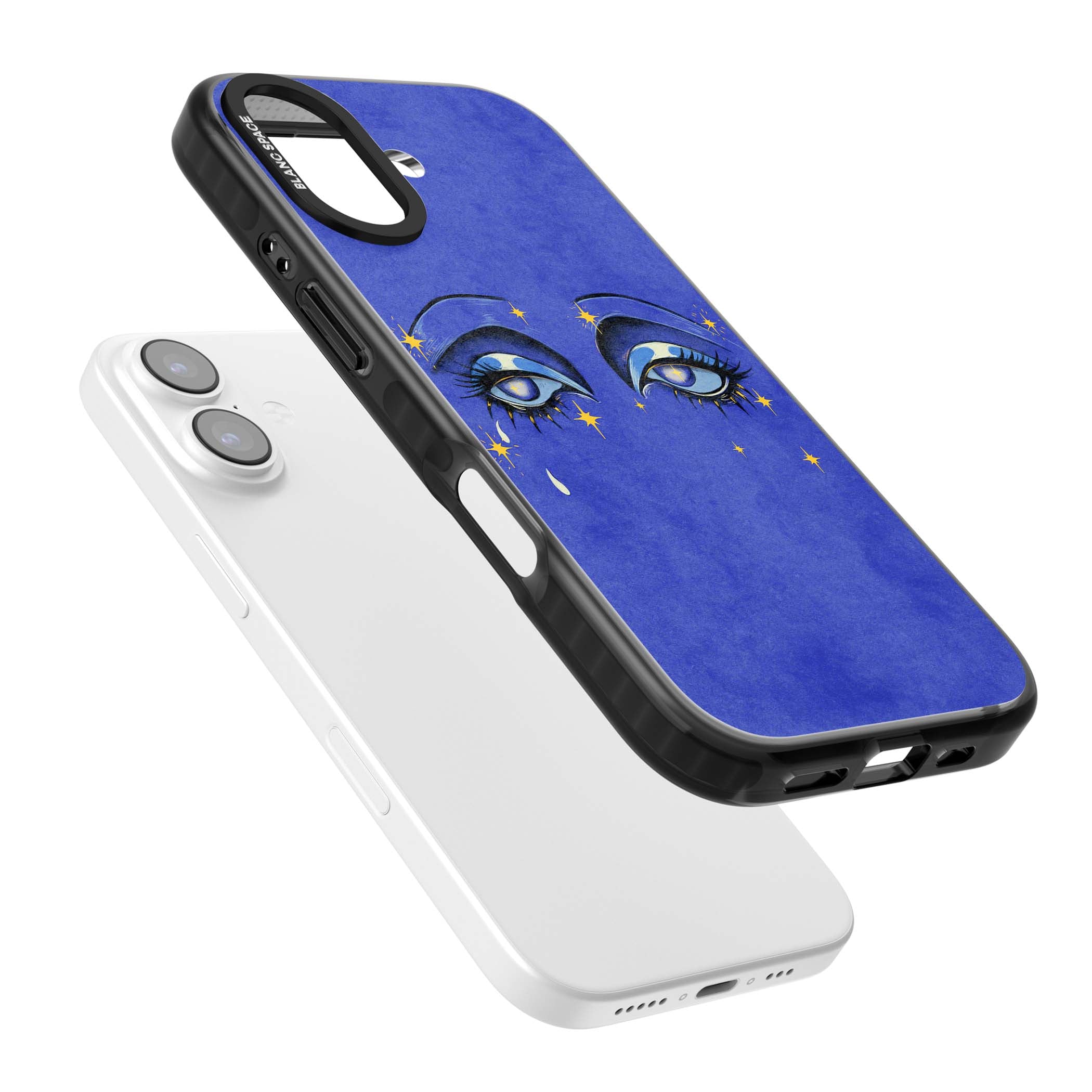 Blue Mystic Eyes celestial iPhone case featuring hand drawn blue mystical eyes, golden stars and a painted tear on indigo | Clear Impact case for iPhone 17