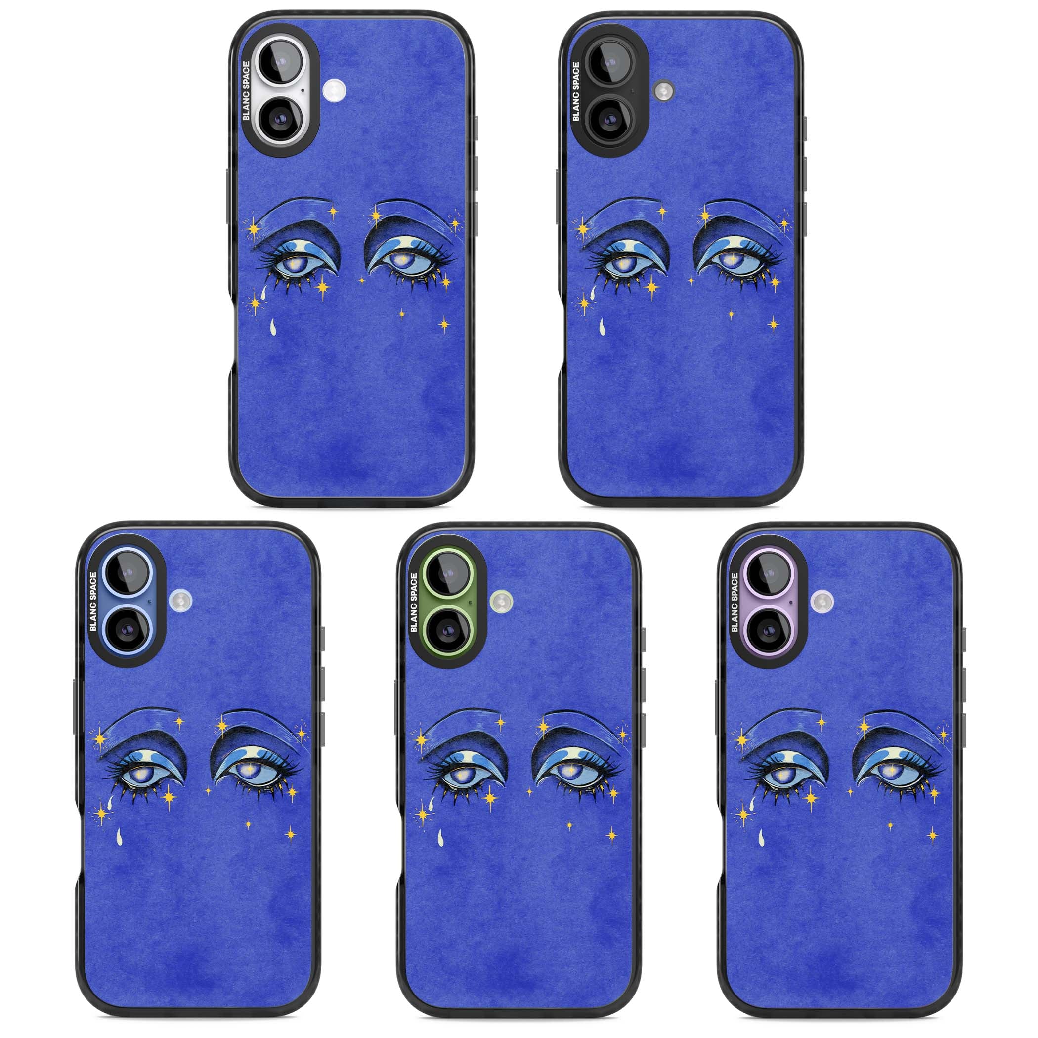 Blue Mystic Eyes celestial iPhone case featuring hand drawn blue mystical eyes, golden stars and a painted tear on indigo | Clear Impact case for iPhone 17