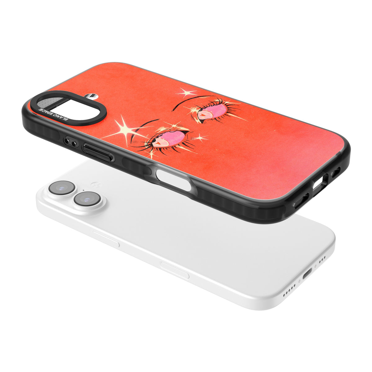 Pink Ethereal Eyes iPhone 16 / iPhone 16 Plus / iPhone 17 Impact Black Phone Case angled