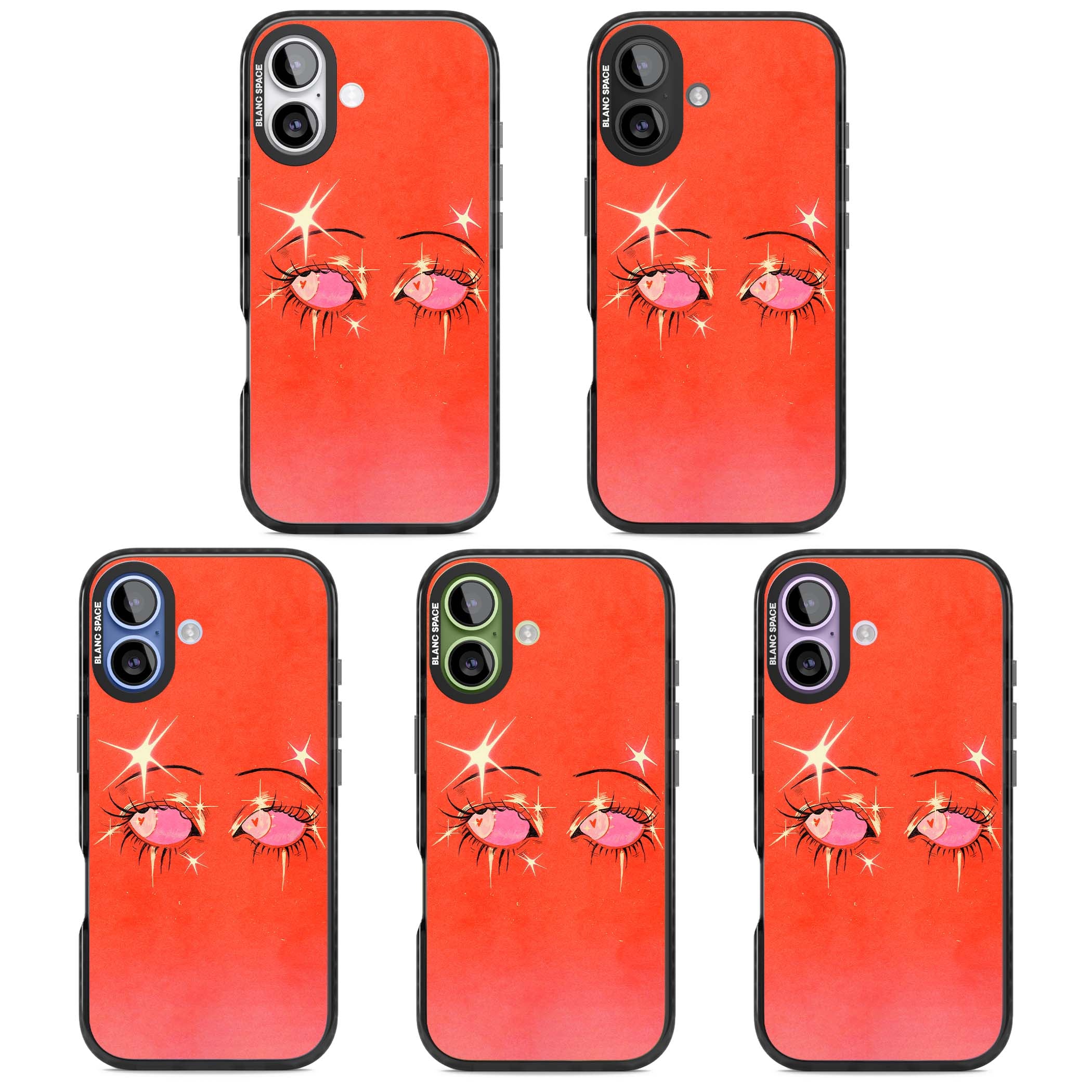 Pink Ethereal Eyes anime iPhone case featuring hand-drawn sparkly eyes with pink hearts and gold stars on red | Clear Impact case for iPhone 17