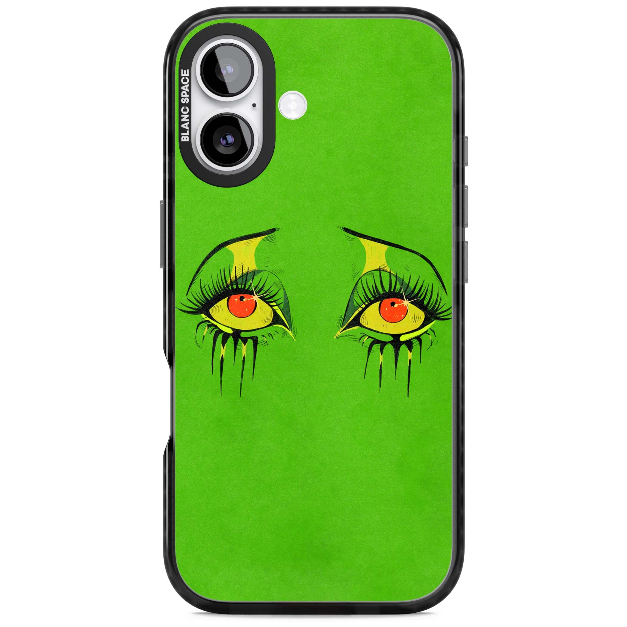 Green Enchanted Eyes psychedelic art iPhone case featuring hand-drawn dripping eyes on neon green background | Clear Impact case for iPhone 17