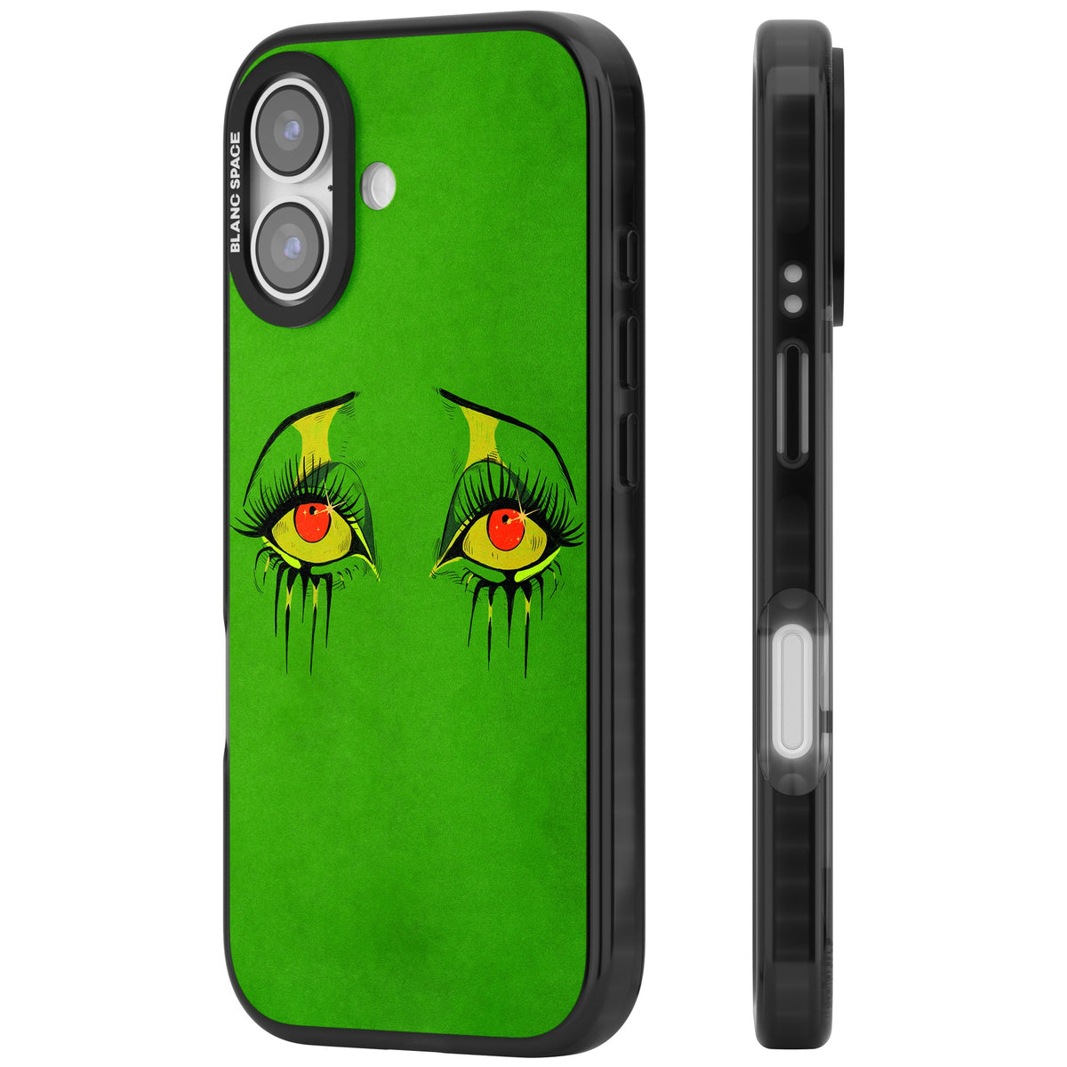 Green Enchanted Eyes iPhone 16 / iPhone 16 Plus / iPhone 17 Impact Black Phone Case side