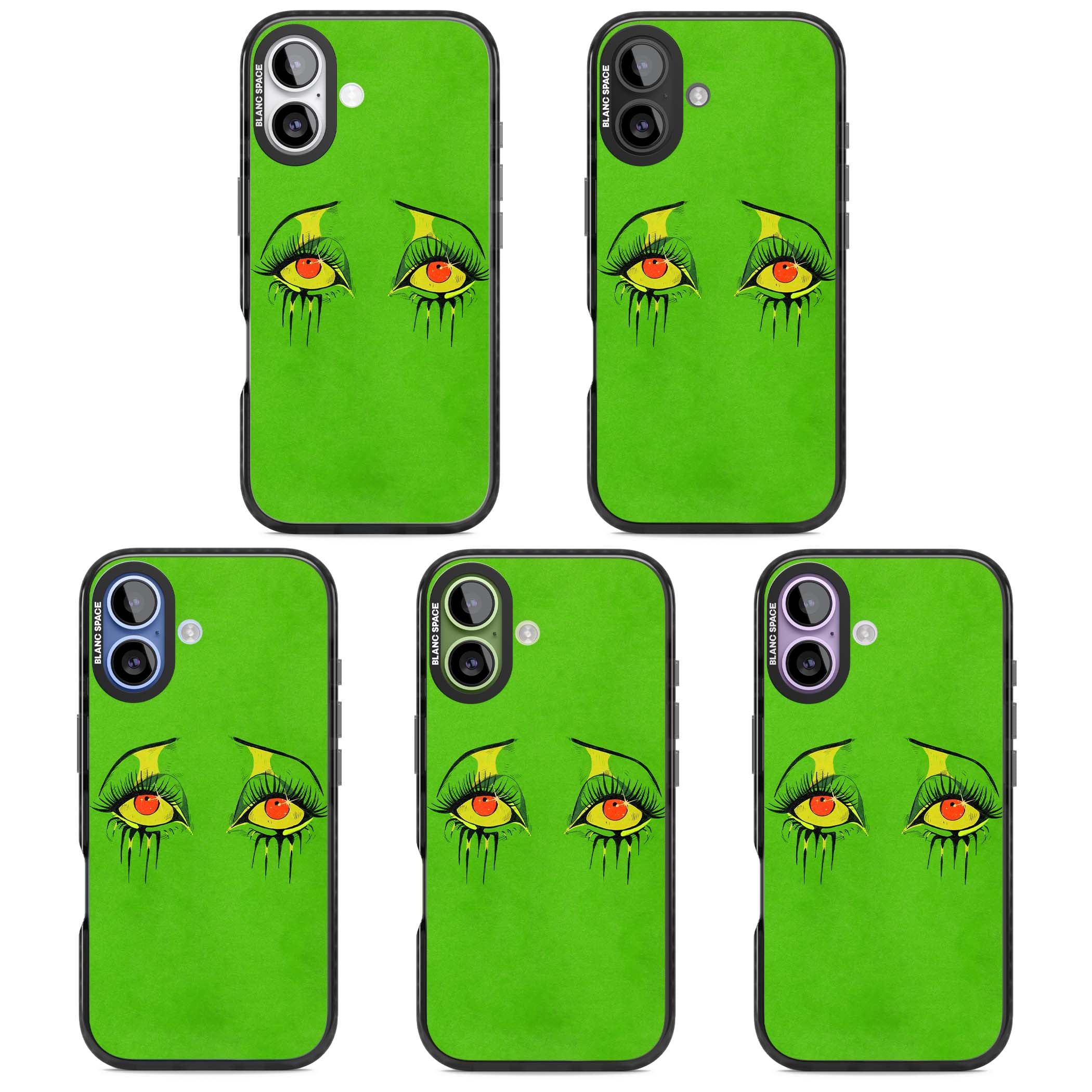 Green Enchanted Eyes psychedelic art iPhone case featuring hand-drawn dripping eyes on neon green background | Clear Impact case for iPhone 17