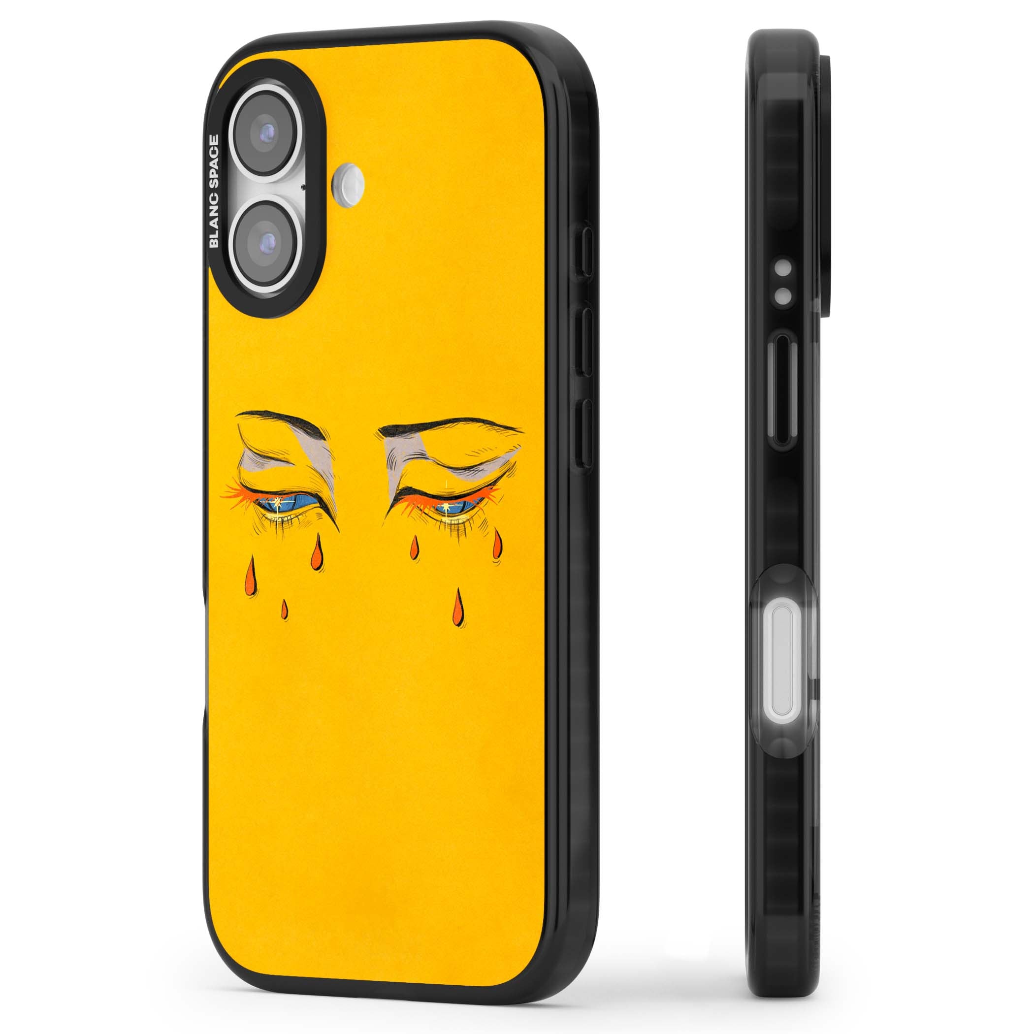 Yellow Tearful Eyes indie iPhone case featuring hand-drawn crying eyes with orange tears on a yellow background | Clear Impact case for iPhone 17