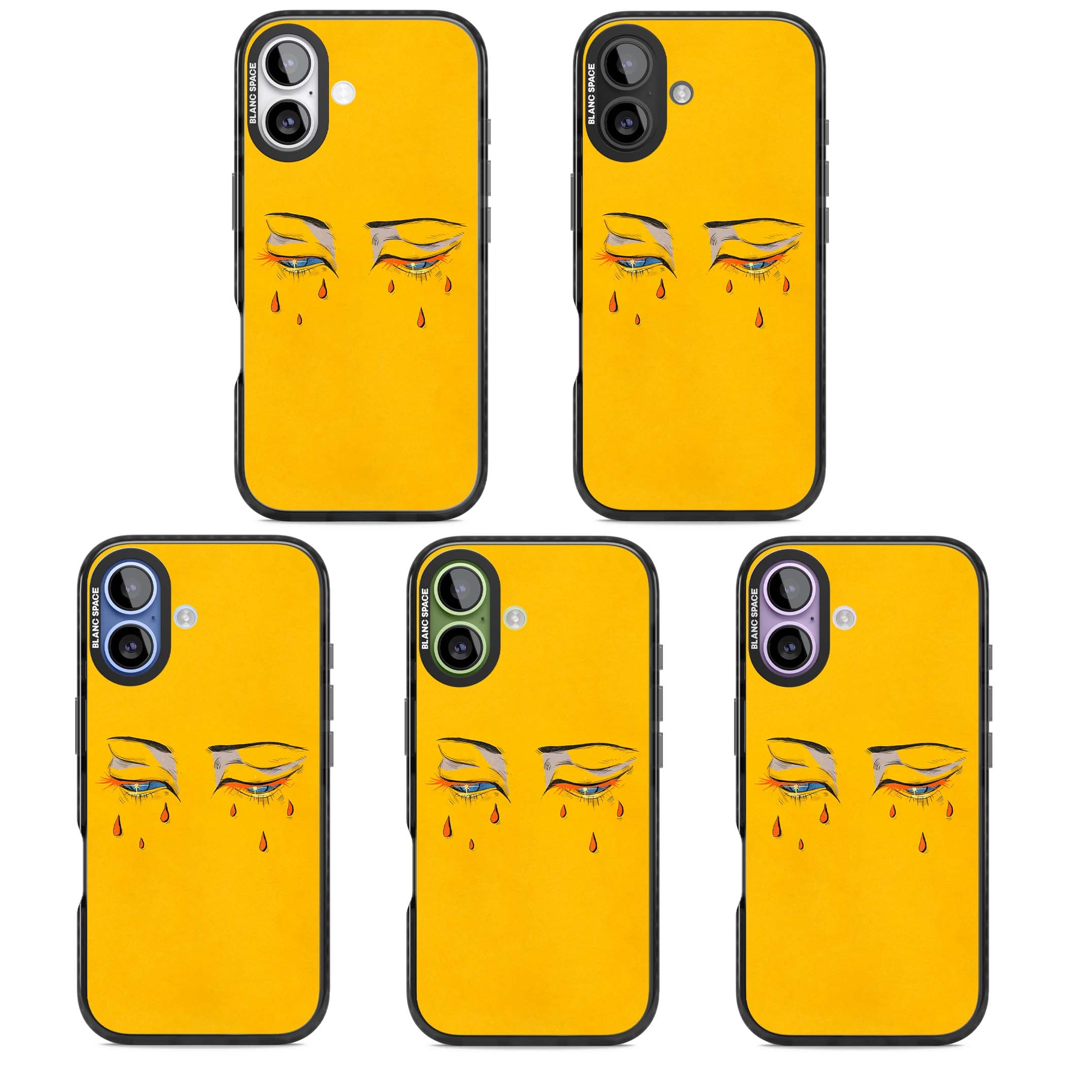Yellow Tearful Eyes indie iPhone case featuring hand-drawn crying eyes with orange tears on a yellow background | Clear Impact case for iPhone 17