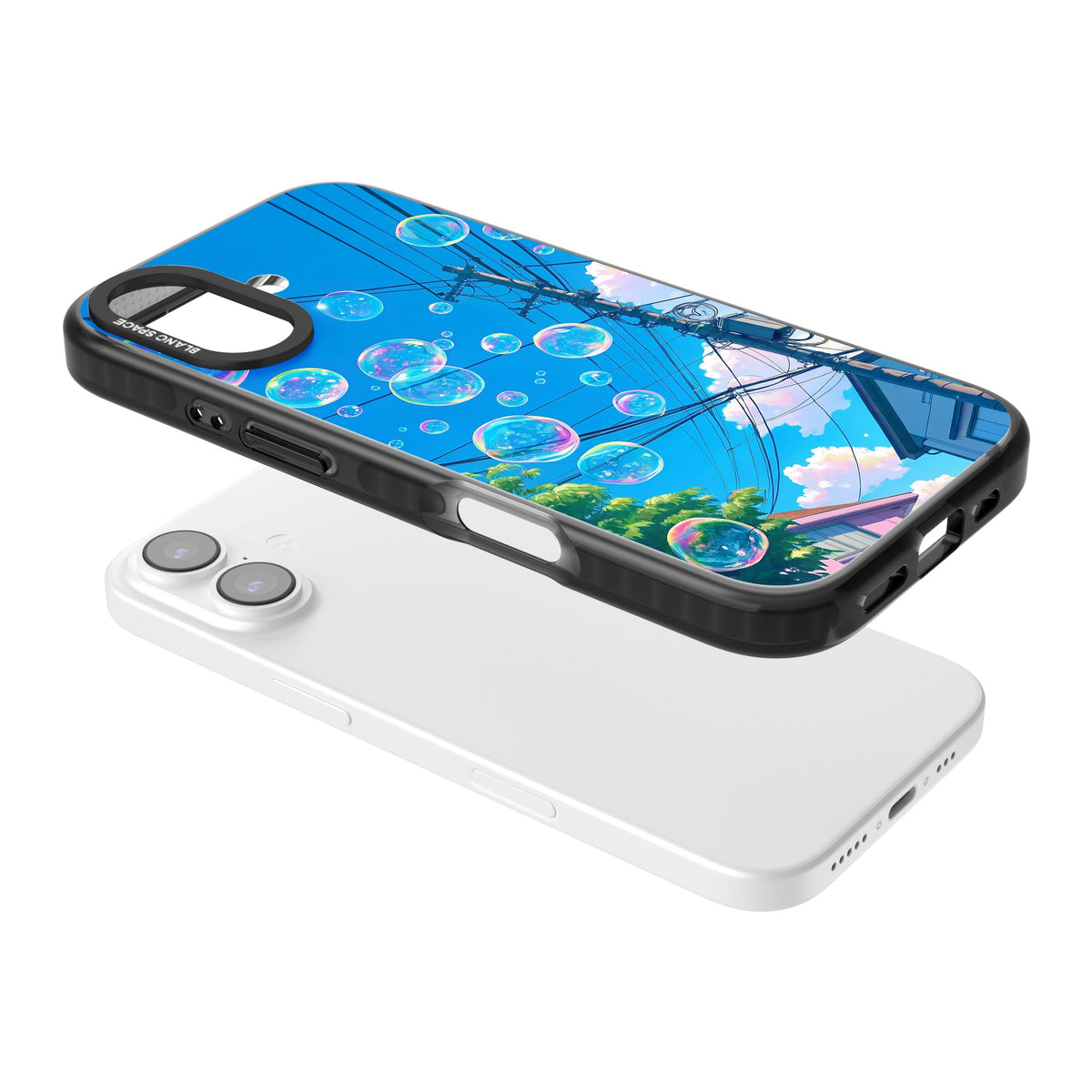 Suburban Bubbles iPhone 16 / iPhone 16 Plus / iPhone 17 Impact Black Phone Case angled