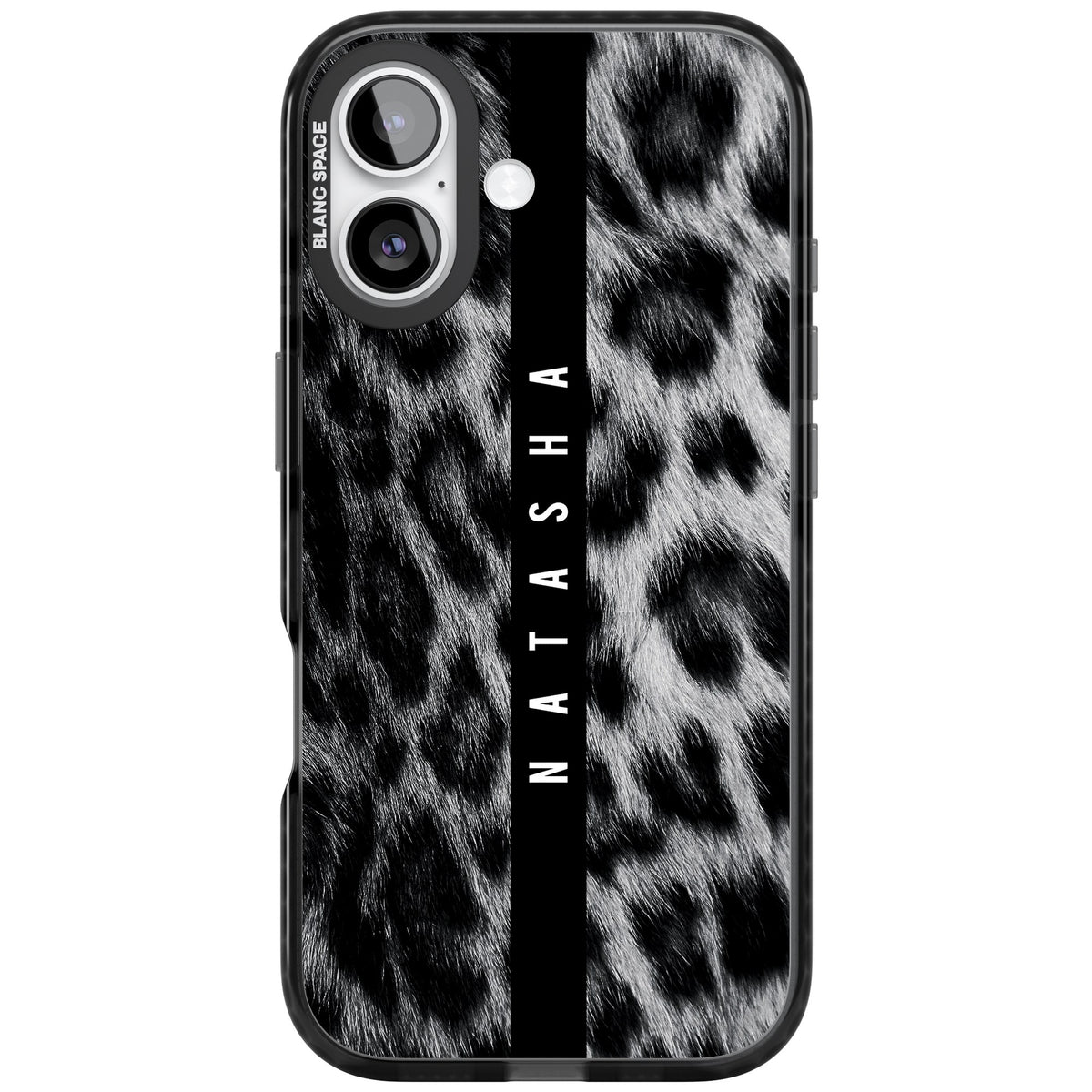 Snow Leopard iPhone 16 / iPhone 16 Plus / iPhone 17 Impact Black Phone Case front