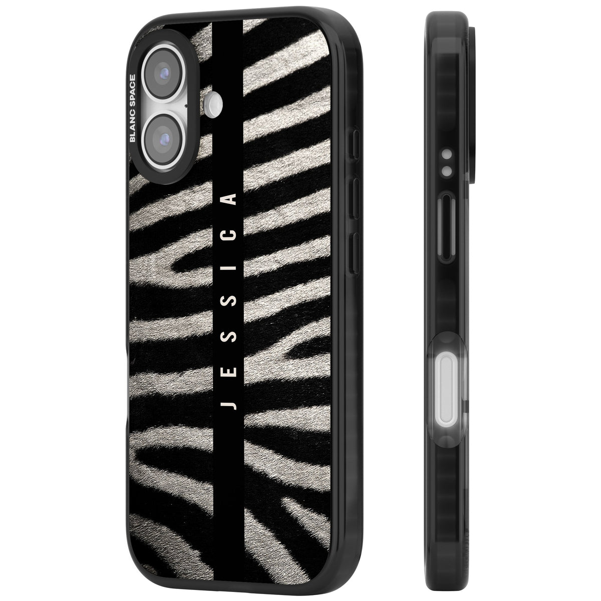 Zebra Print iPhone 16 / iPhone 16 Plus / iPhone 17 Impact Black Phone Case side