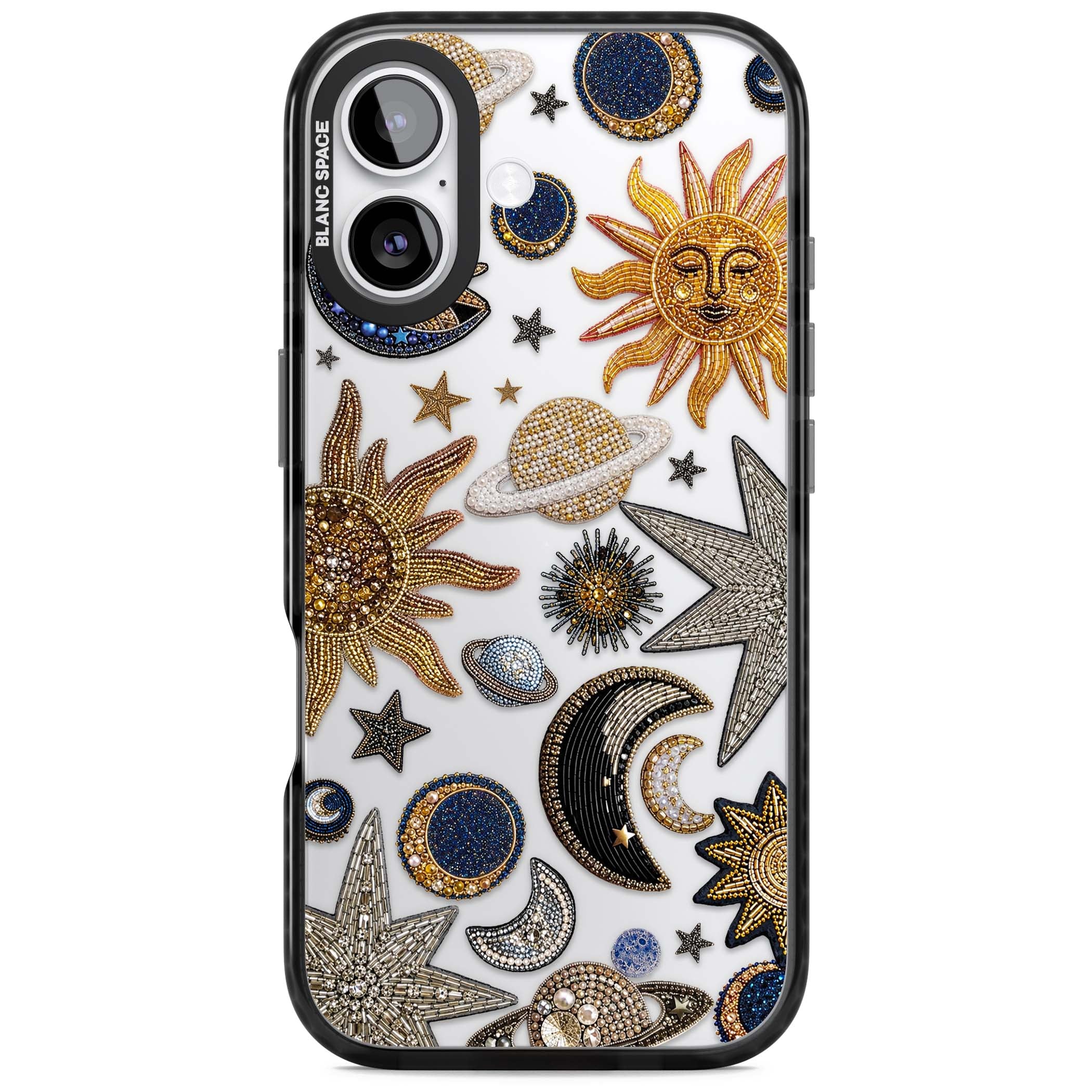 Beaded Cosmos celestial iPhone case featuring embroidered golden suns, beaded planets and silver shooting stars | Clear Impact case for iPhone 17