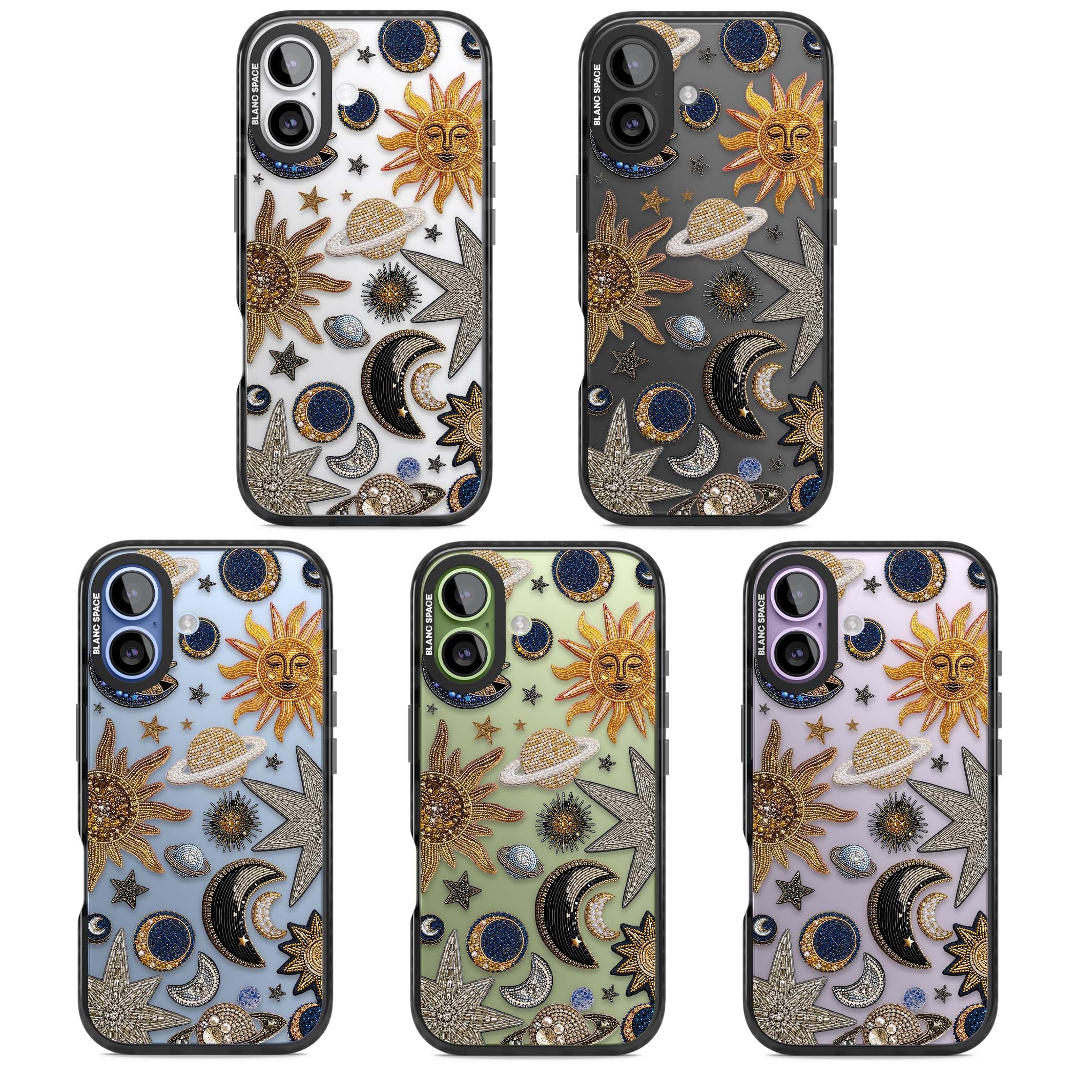 Beaded Cosmos celestial iPhone case featuring embroidered golden suns, beaded planets and silver shooting stars | Clear Impact case for iPhone 17