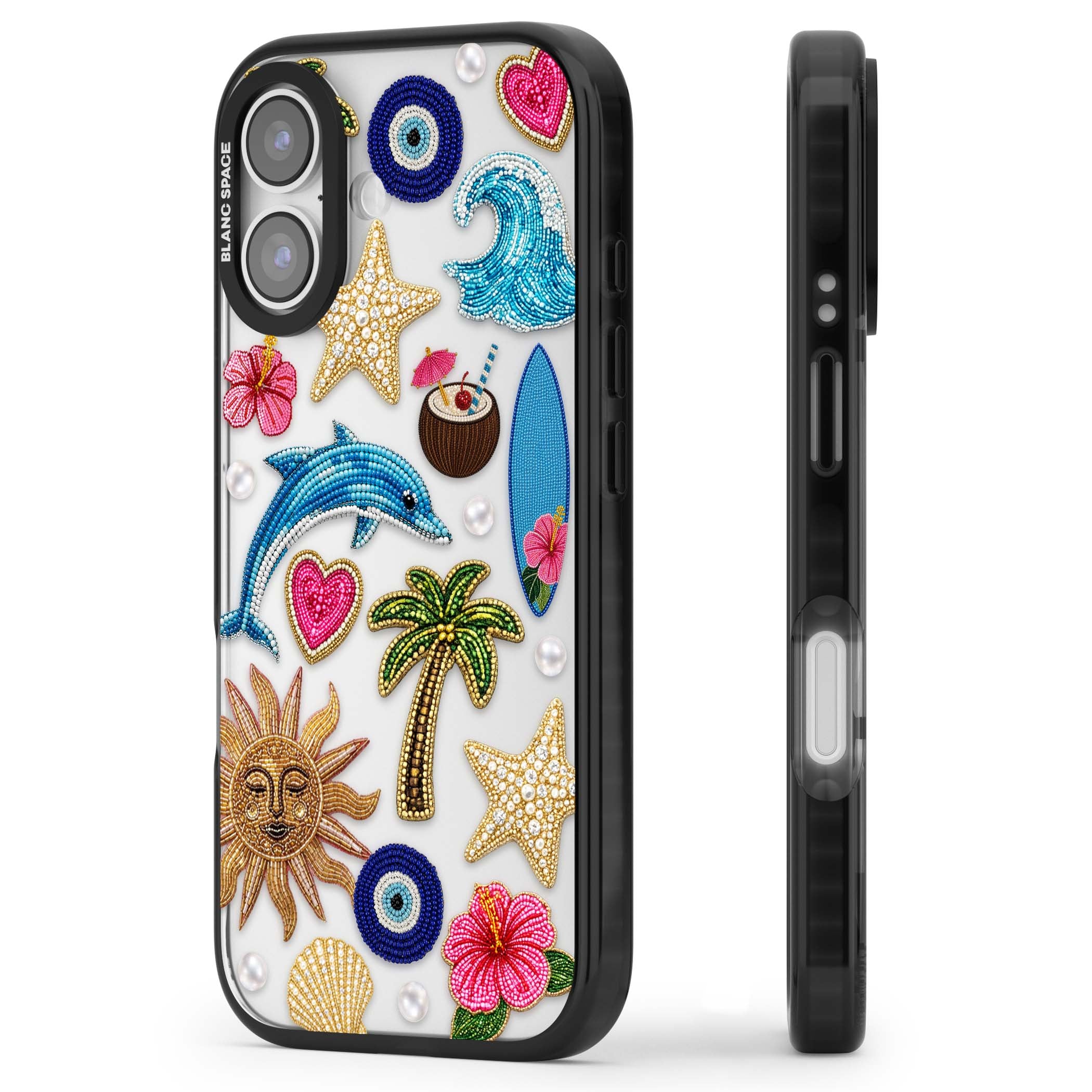 Beaded Beach coastal summer iPhone case featuring embroidered evil eye, hibiscus flowers, dolphin and palm tree patches | Clear Impact case for iPhone 17