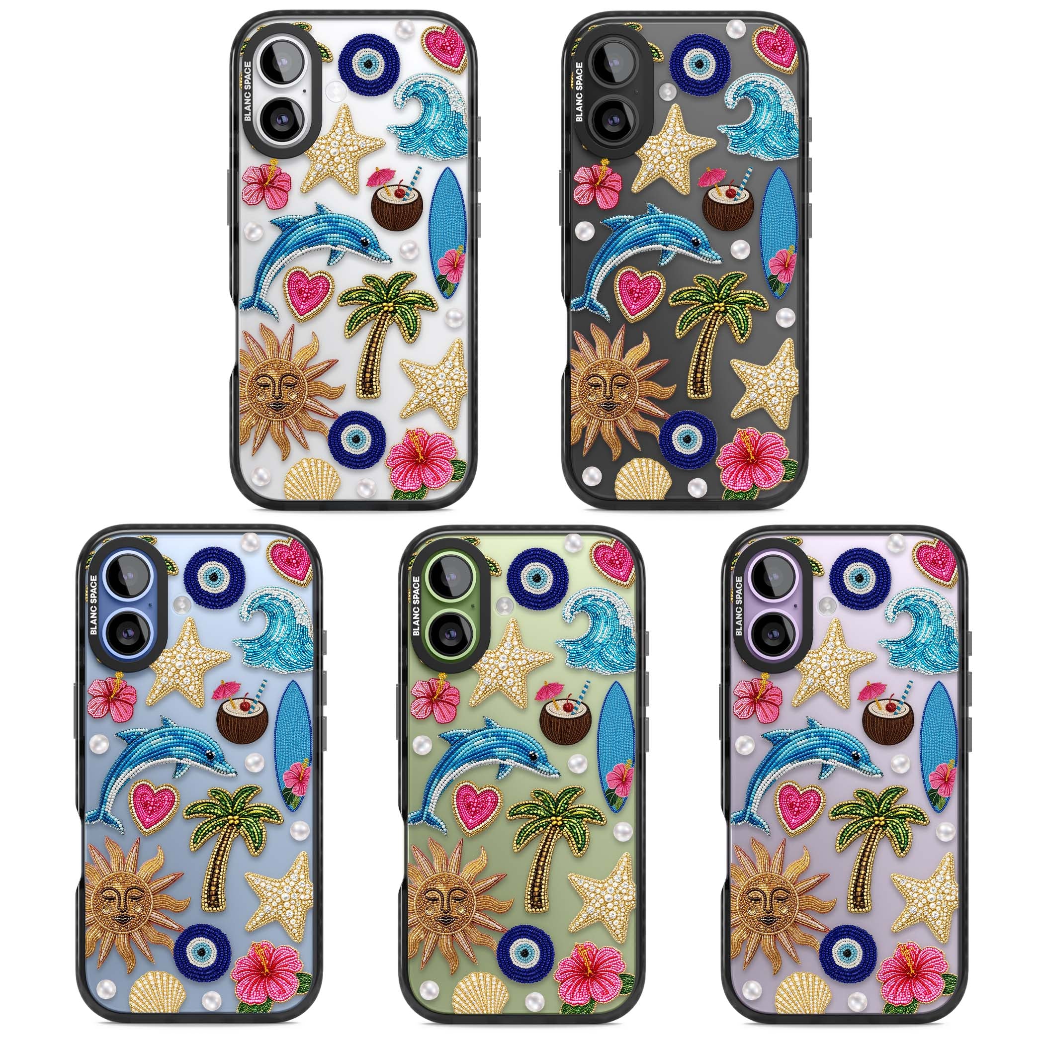 Beaded Beach coastal summer iPhone case featuring embroidered evil eye, hibiscus flowers, dolphin and palm tree patches | Clear Impact case for iPhone 17