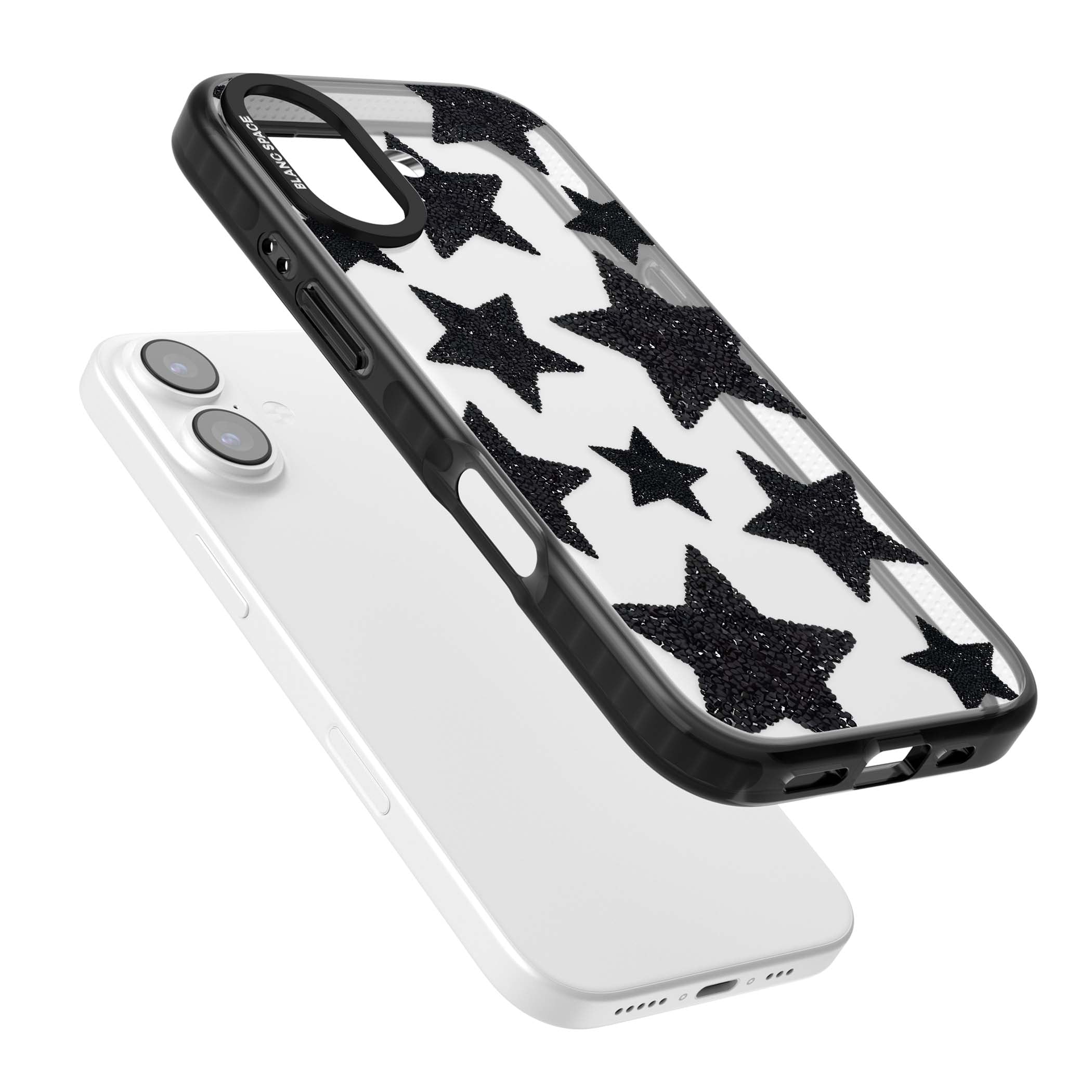 Beaded Black Stars celestial iPhone case featuring black glitter beaded stars scattered on a clear background | Clear Impact case for iPhone 17