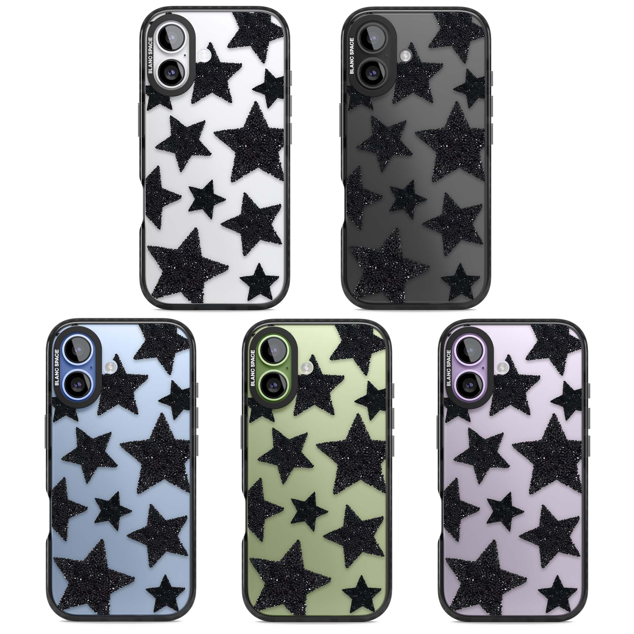Beaded Black Stars celestial iPhone case featuring black glitter beaded stars scattered on a clear background | Clear Impact case for iPhone 17