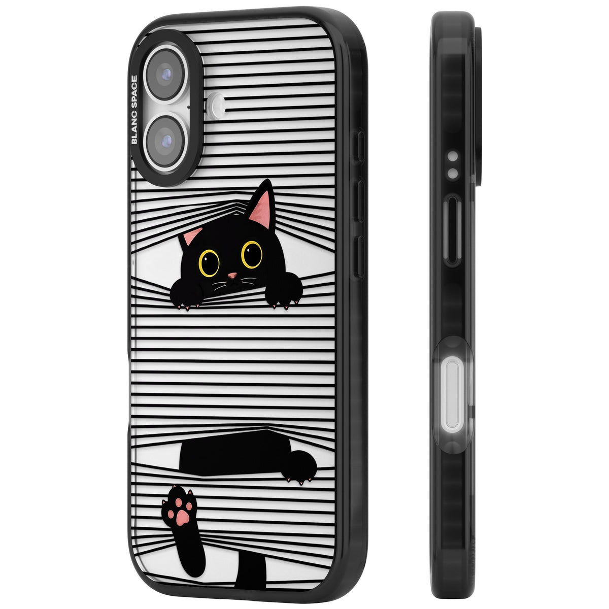 Peek-a-Boo Cat iPhone 16 / iPhone 16 Plus / iPhone 17 Impact Black Phone Case side