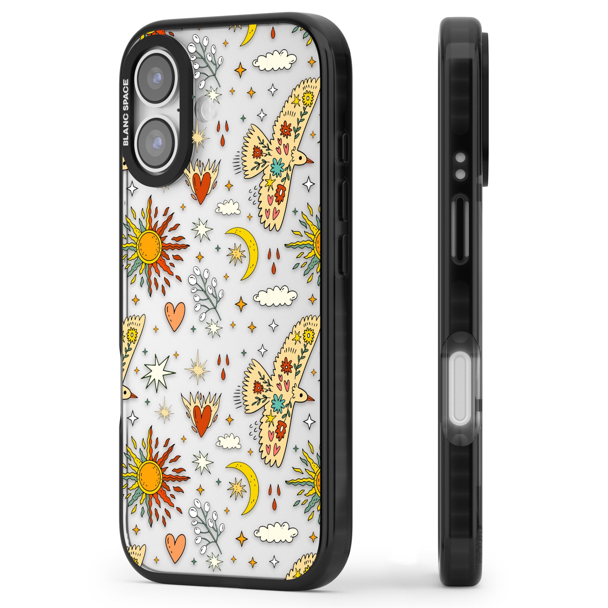 Boho Celestial Floral Bird Sun iPhone 17 Impact Black Phone Case Side Profile