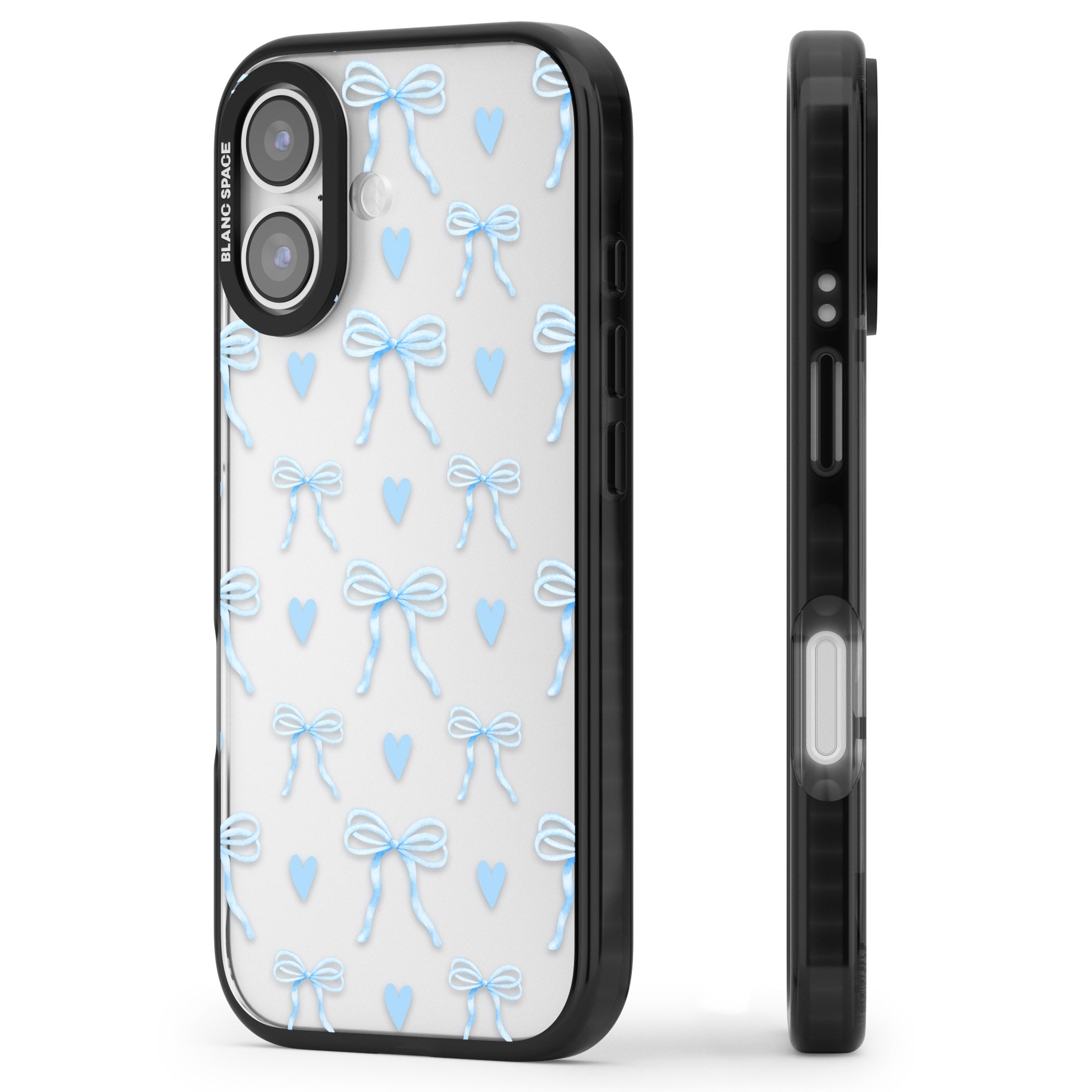 Blue Bows & Hearts iPhone 17 Impact Black Phone Case Side Profile