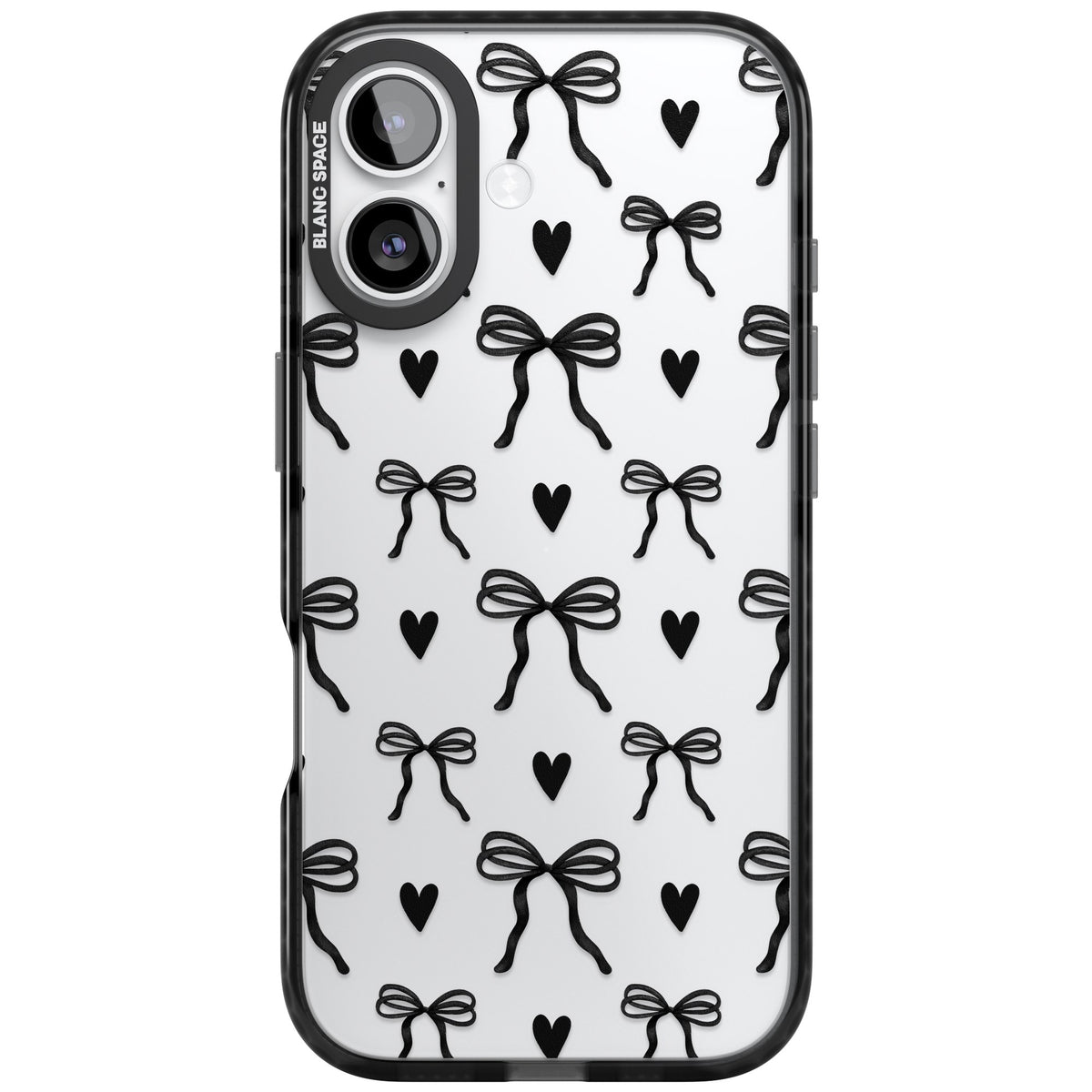 Black Bows & Hearts iPhone 16 / iPhone 16 Plus / iPhone 17 Impact Black Phone Case front