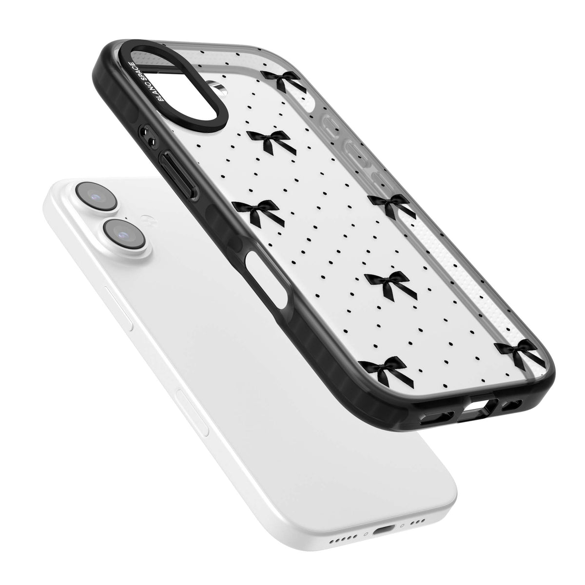 Black Polka Bows coquette iPhone case featuring scattered black satin bows and tiny polka dots on a clear base | Clear Impact case for iPhone 17
