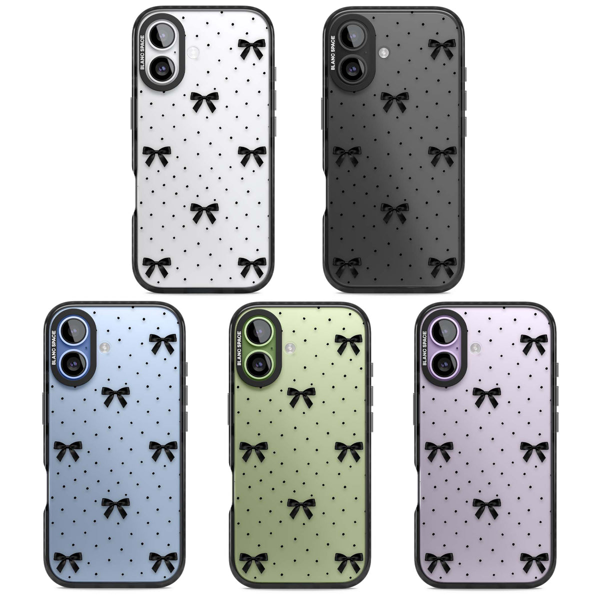 Black Polka Bows coquette iPhone case featuring scattered black satin bows and tiny polka dots on a clear base | Clear Impact case for iPhone 17