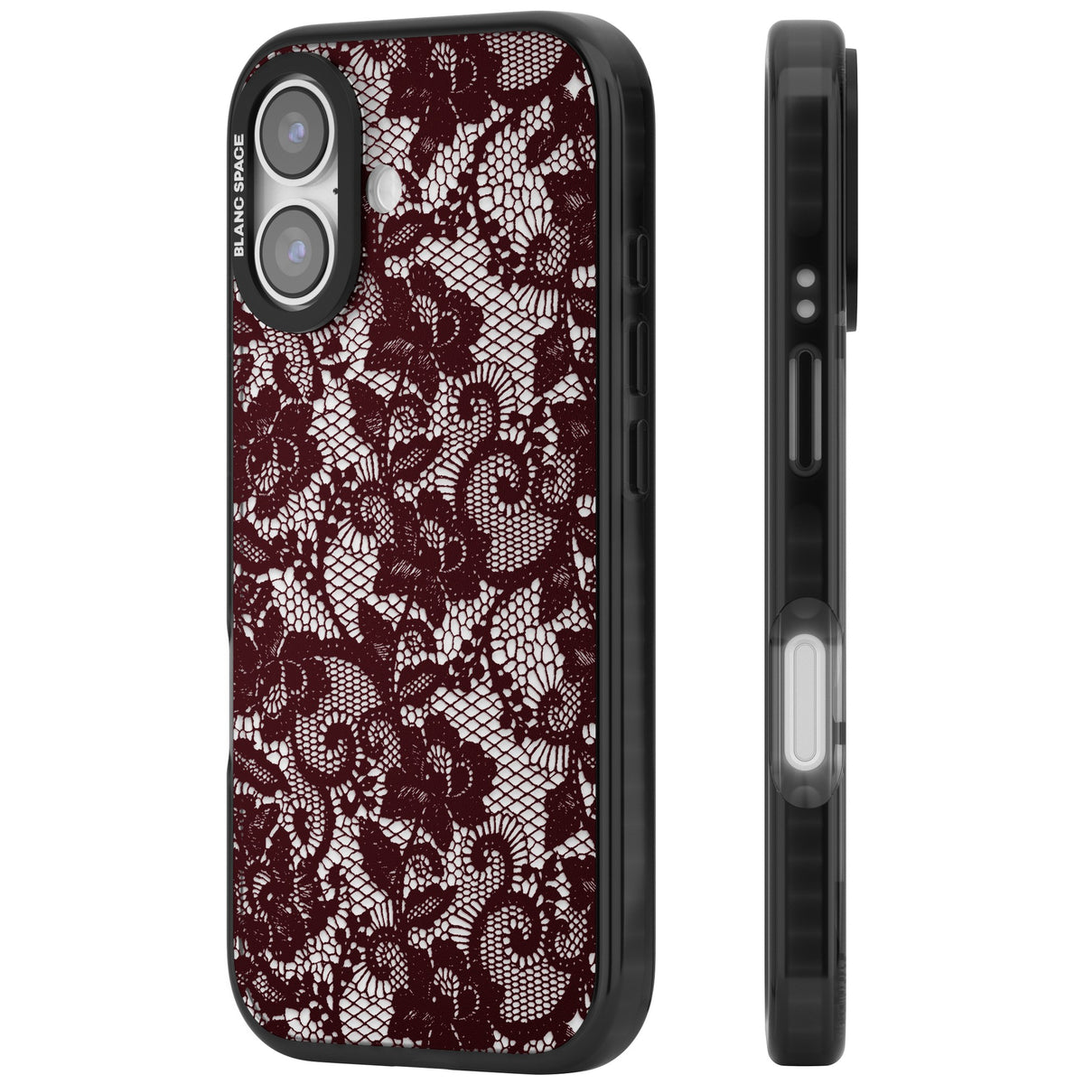 Burgundy Lace iPhone 16 / iPhone 16 Plus / iPhone 17 Impact Black Phone Case side