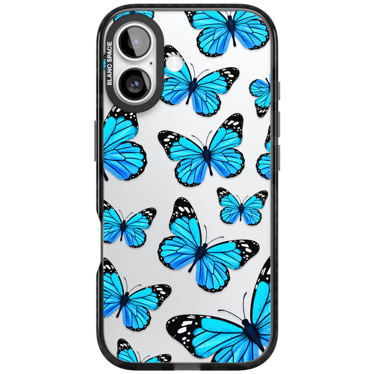 Azure Butterflies iPhone 16 / iPhone 16 Plus / iPhone 17 Impact Black Phone Case front